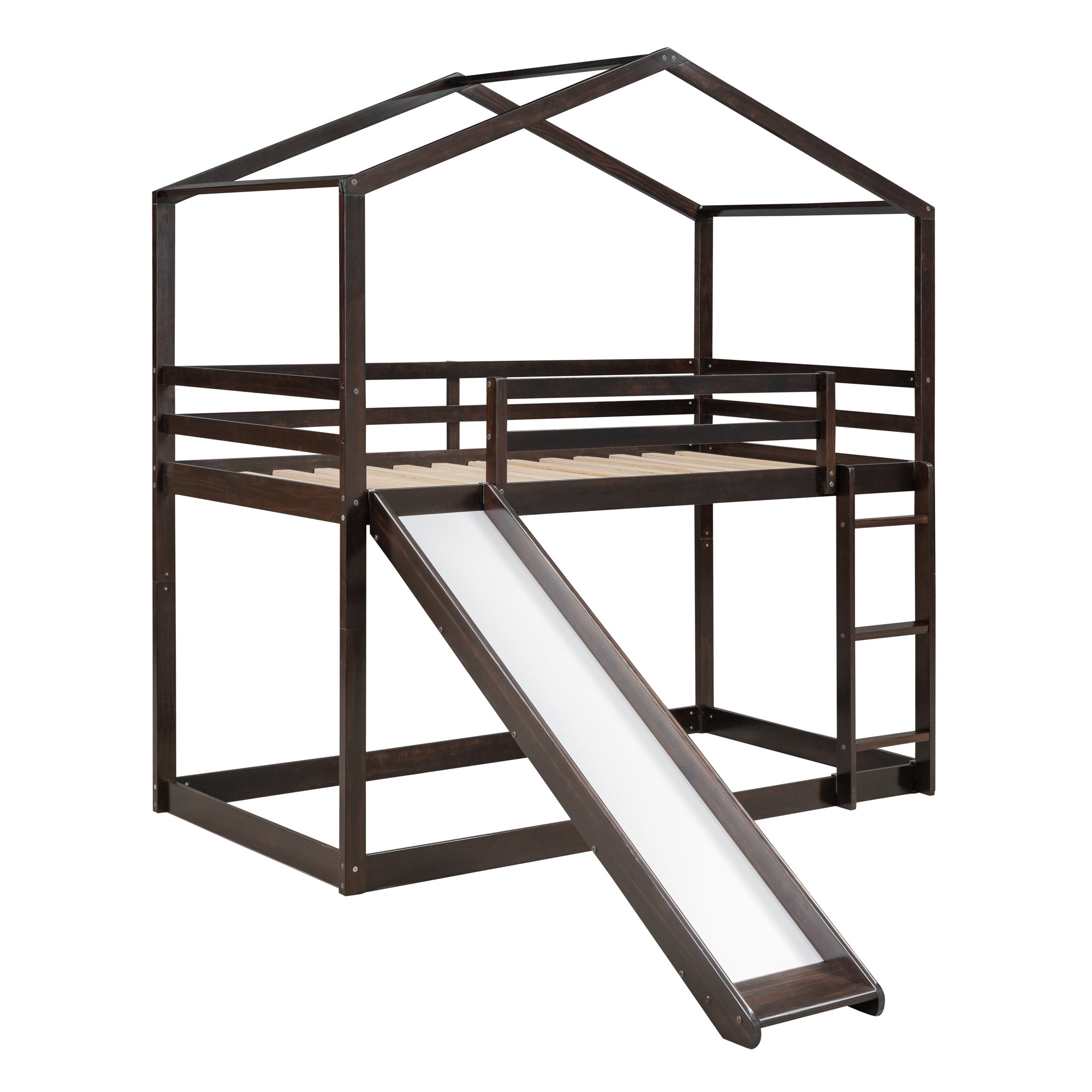Twin Over Twin Bunk Bed with Roof, Slide and Ladder, Espresso - Atlantic Fine Furniture Melbourne FL