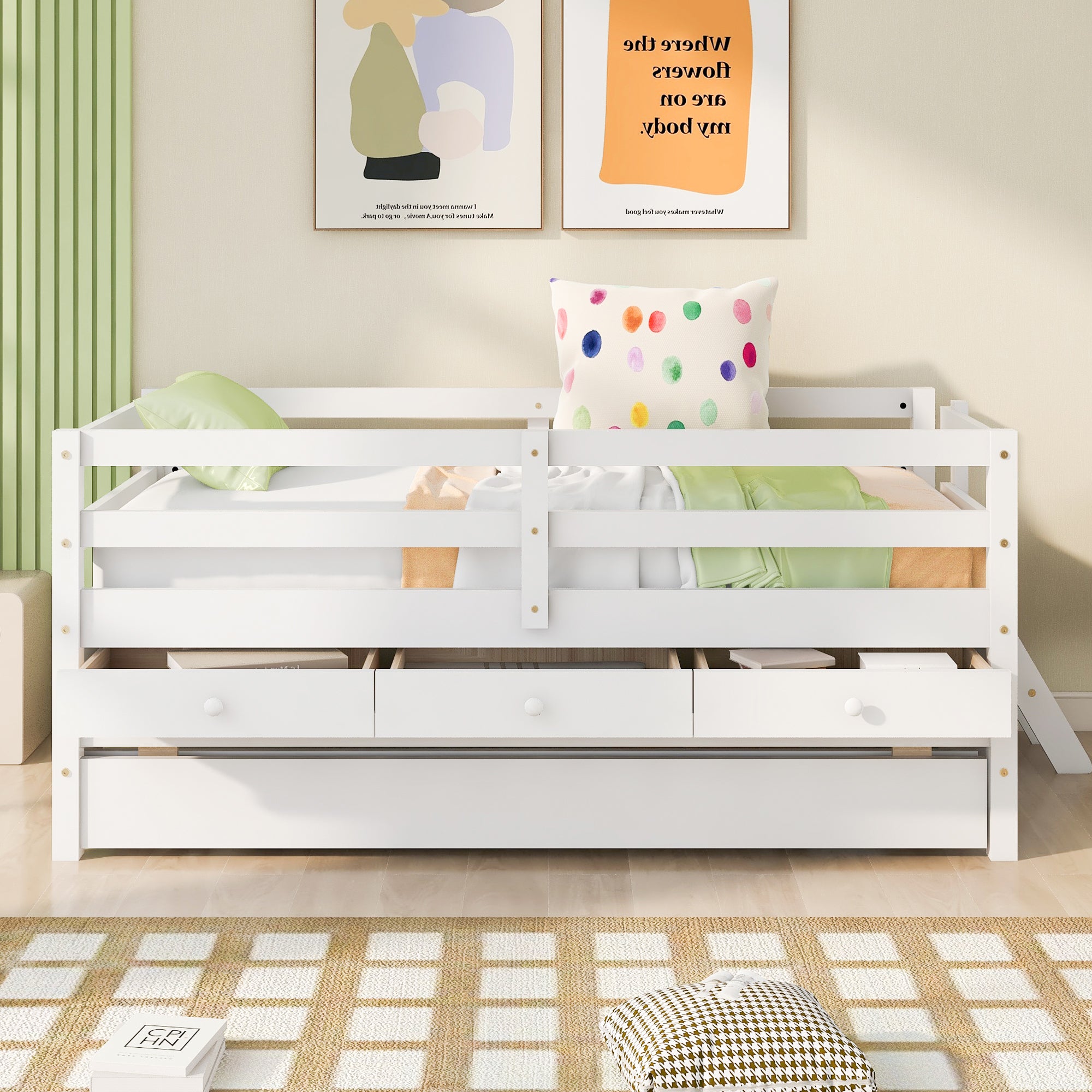 Low Loft Bed Twin Size with Full Safety Fence, Climbing ladder, Storage Drawers and Trundle White Solid Wood Bed - Atlantic Fine Furniture Melbourne FL