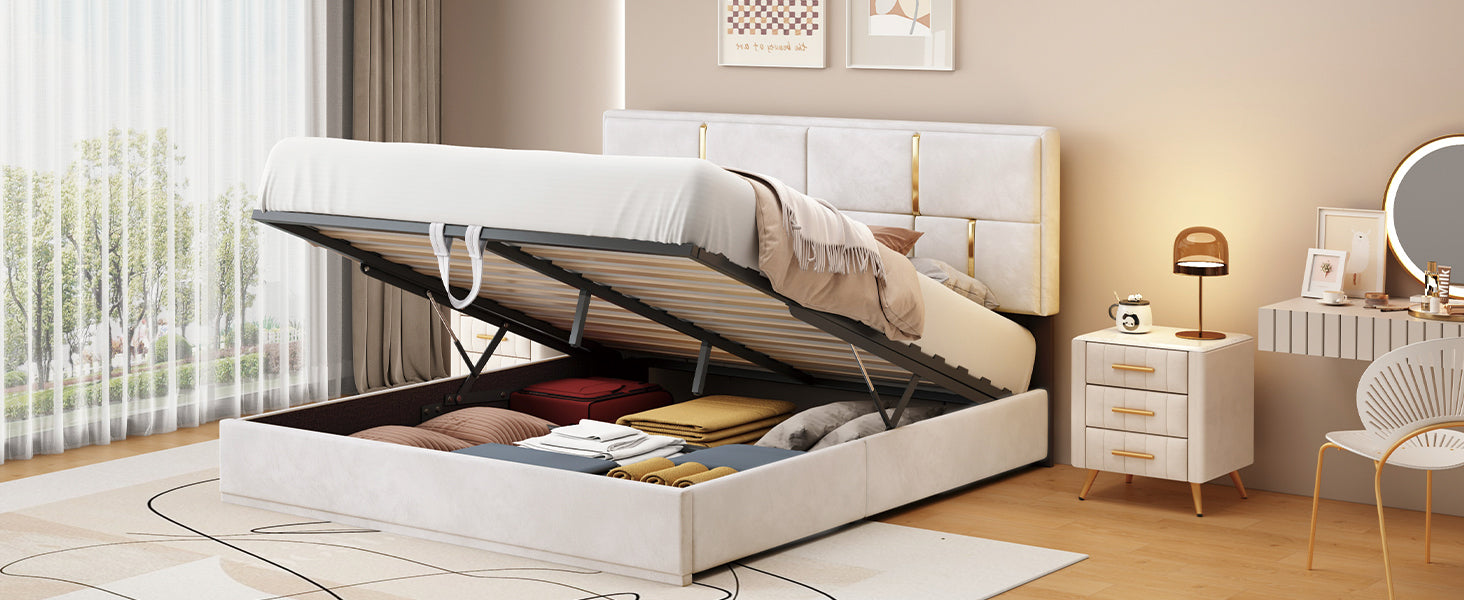 Queen Size Upholstered Platform Bed with Hydraulic Storage System,No Box Spring Needed,Beige - Atlantic Fine Furniture Melbourne FL