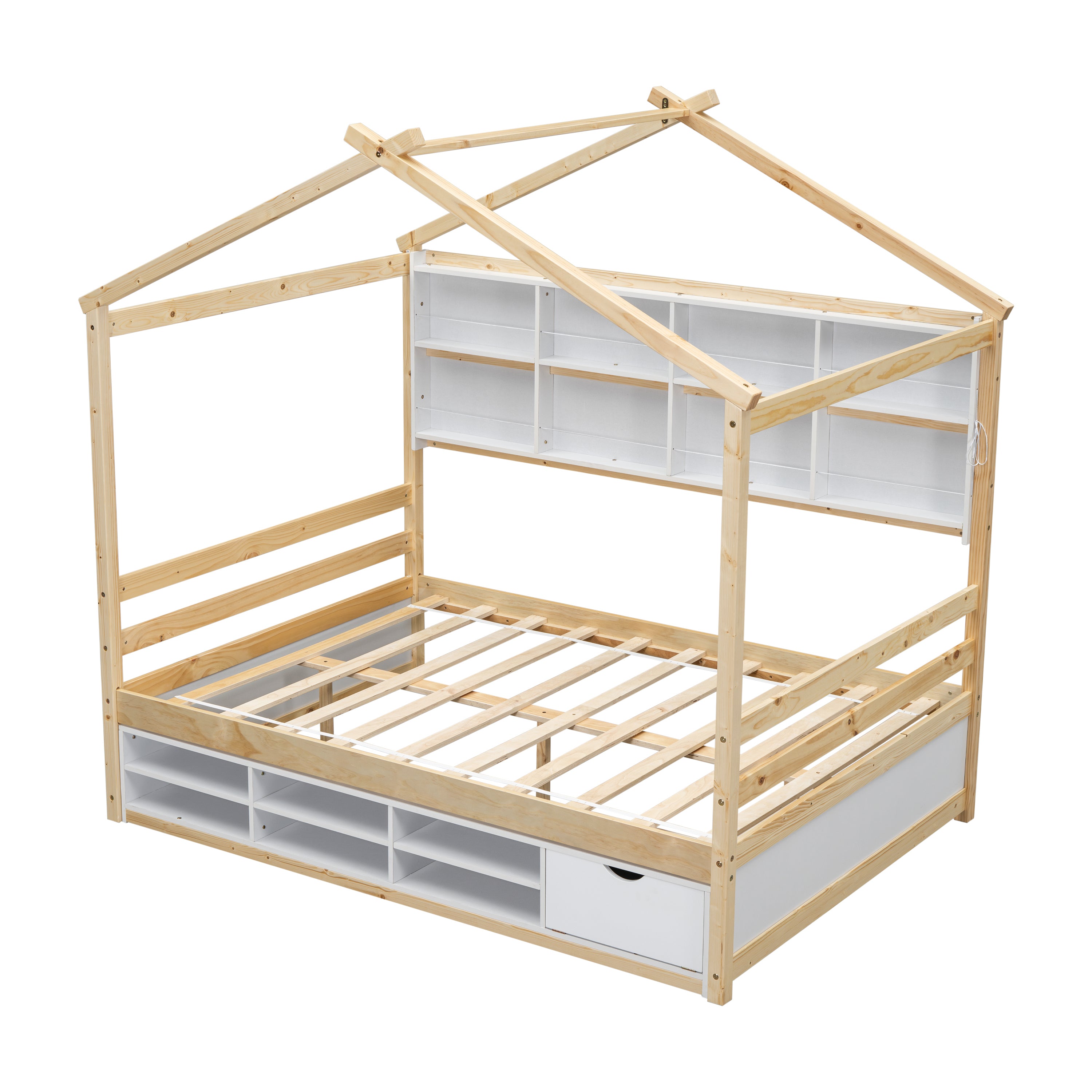 Full House Bed with Roof Frame, Bedside-shelves, Under Bed Storage Unit,Natural - Atlantic Fine Furniture Melbourne FL
