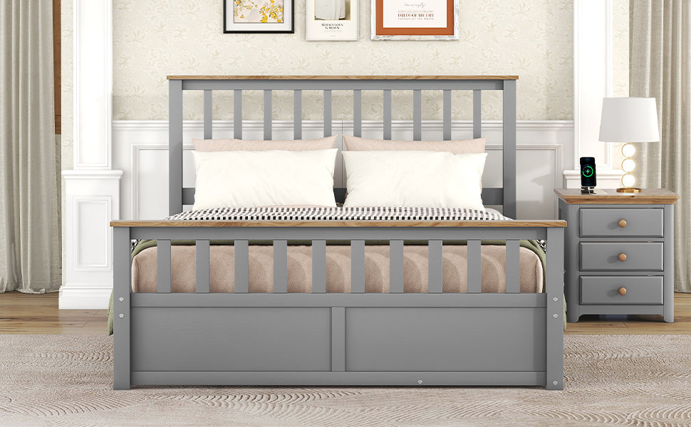 Queen Size Wood Platform Bed with Two Drawers and Wooden Slat Support,Gray+Natrual - Atlantic Fine Furniture Melbourne FL