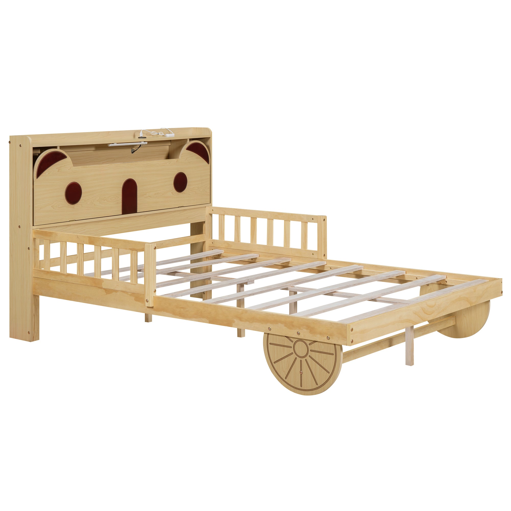 Full Size Car Bed with Bear-Shaped Headboard, USB and LED, Natural - Atlantic Fine Furniture Melbourne FL