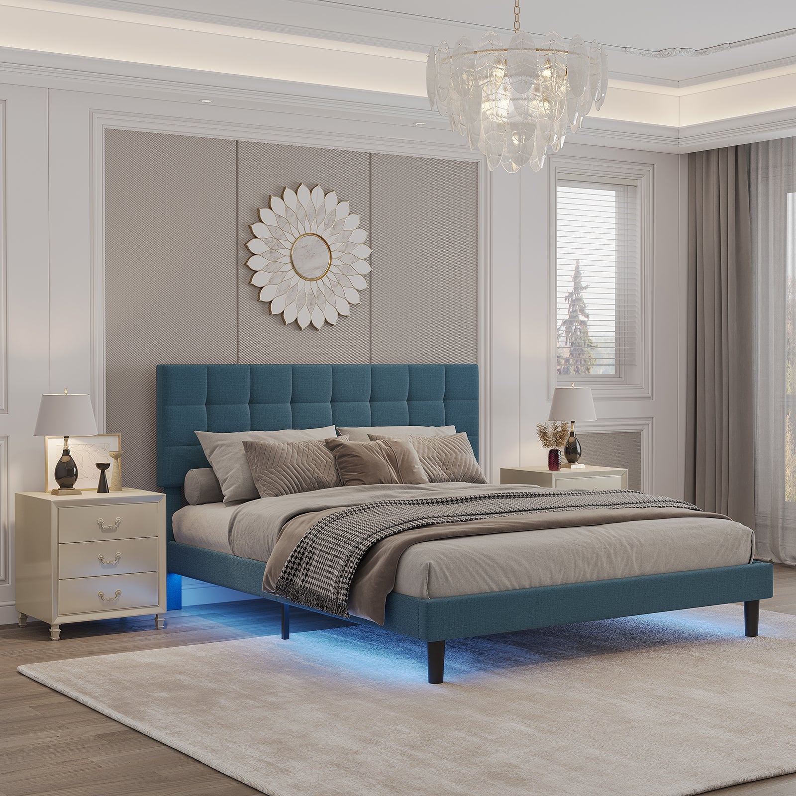 Queen Size Upholstered Platform Bed Linen Bed Frame with Lights Square Stitched Adjustable Headboard Strong Bed Slats System No Box Spring Needed Blue - Atlantic Fine Furniture Melbourne FL