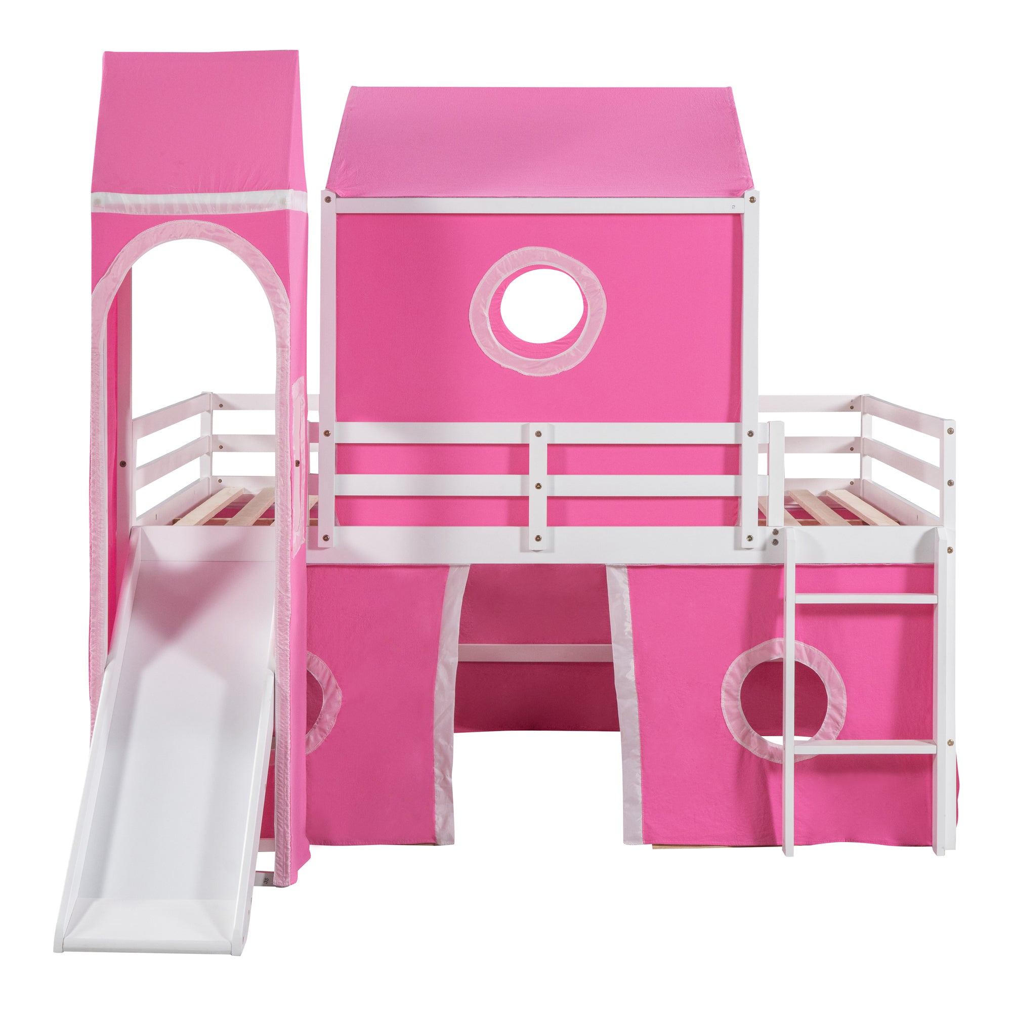 Full Size Bunk Bed with Slide Pink Tent and Tower - Pink