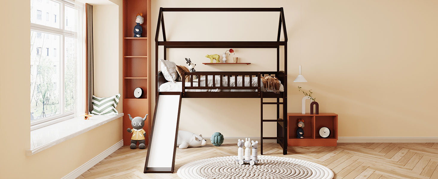 Twin Loft Bed with Slide, House Bed with Slide,Espresso(OLD SKU :LT000212AAP) - Atlantic Fine Furniture Melbourne FL
