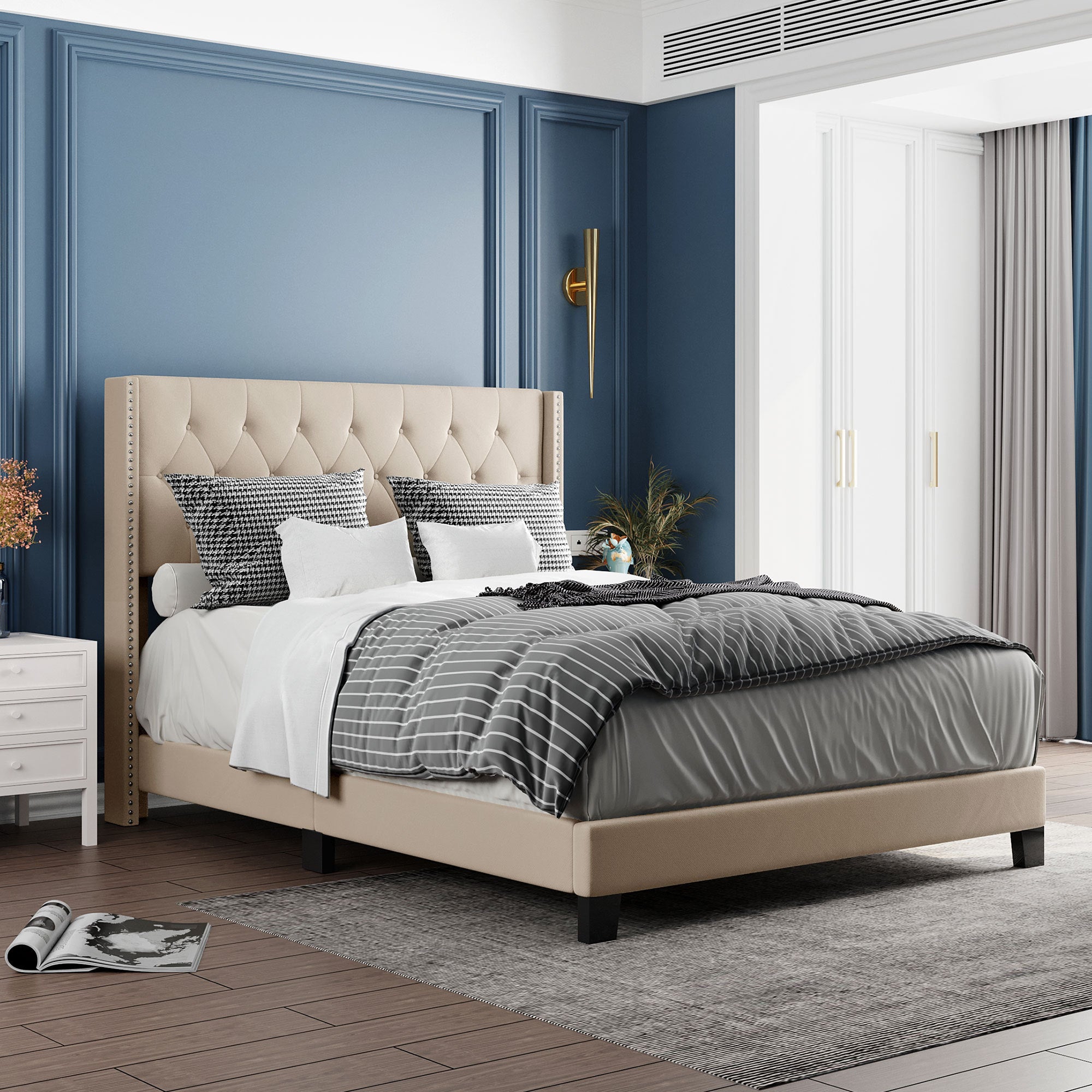 Upholstered Platform Bed with Classic Headboard, Box Spring Needed, Beige Linen Fabric, Queen Size - Atlantic Fine Furniture Melbourne FL