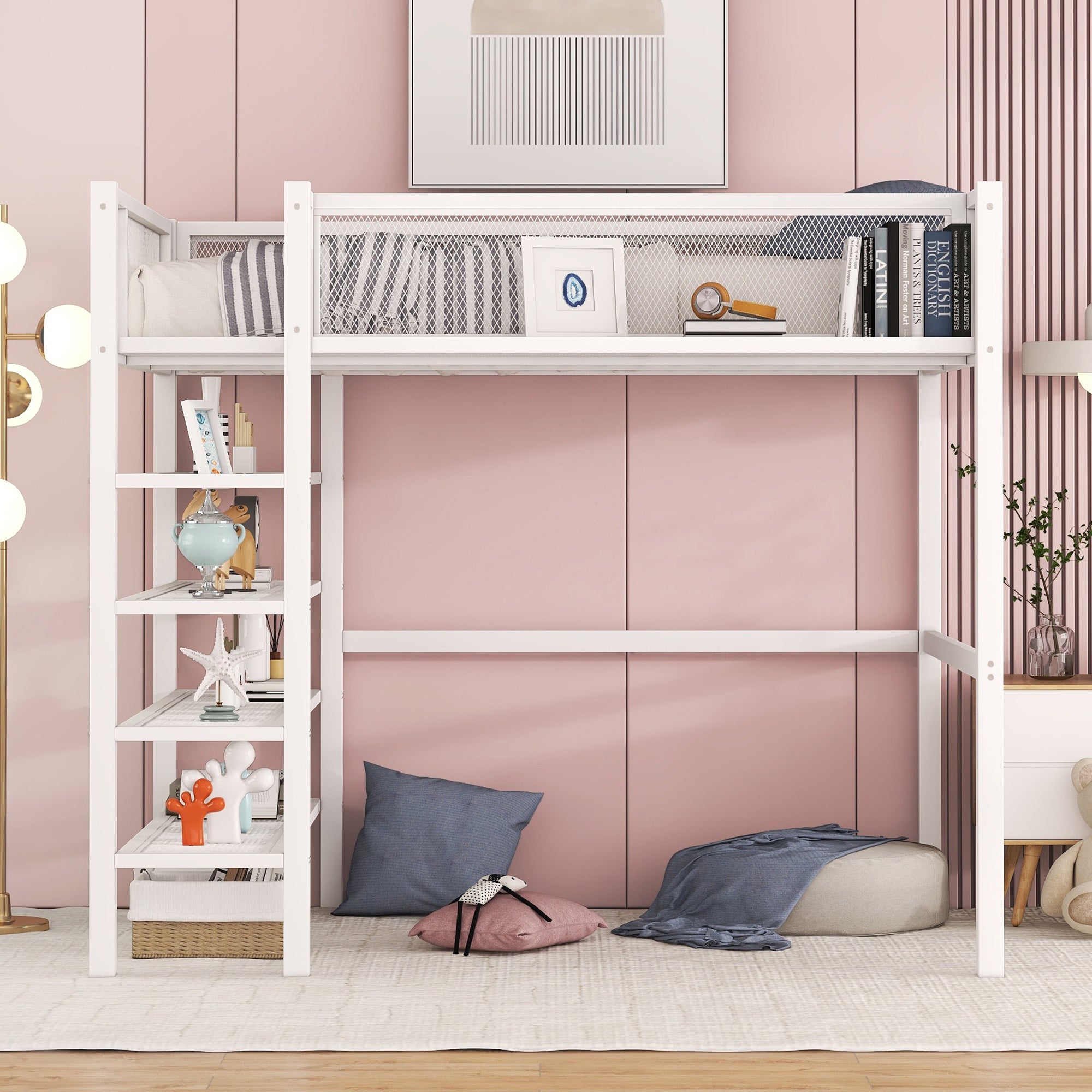 Twin Size Metal Loft Bed with 4-Tier Shelves and Storage, White - Atlantic Fine Furniture Melbourne FL