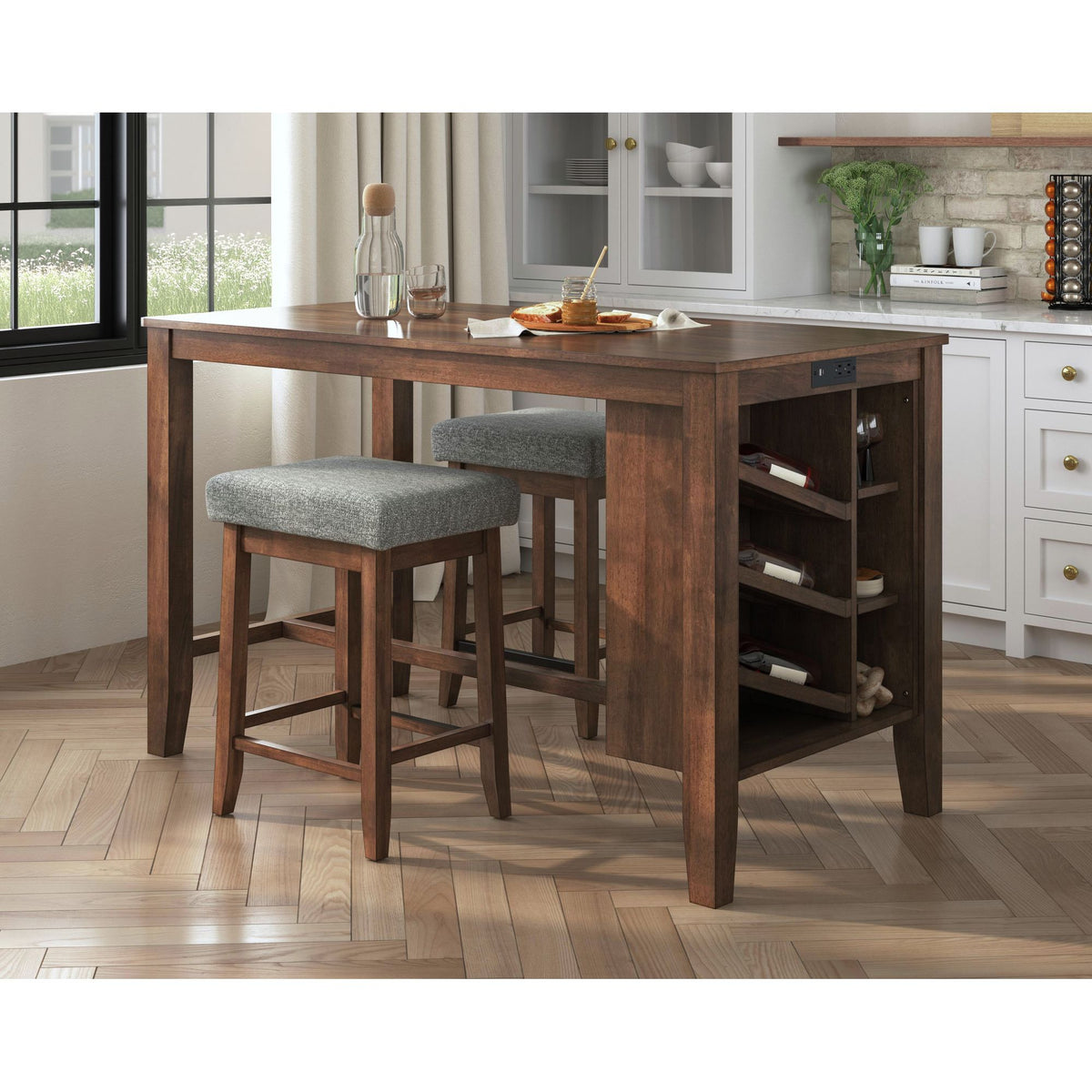Santa Barbara Kitchen Island & 2 Counter Stools With Fabric in Walnut / Dark Gray by Elements International, view 6