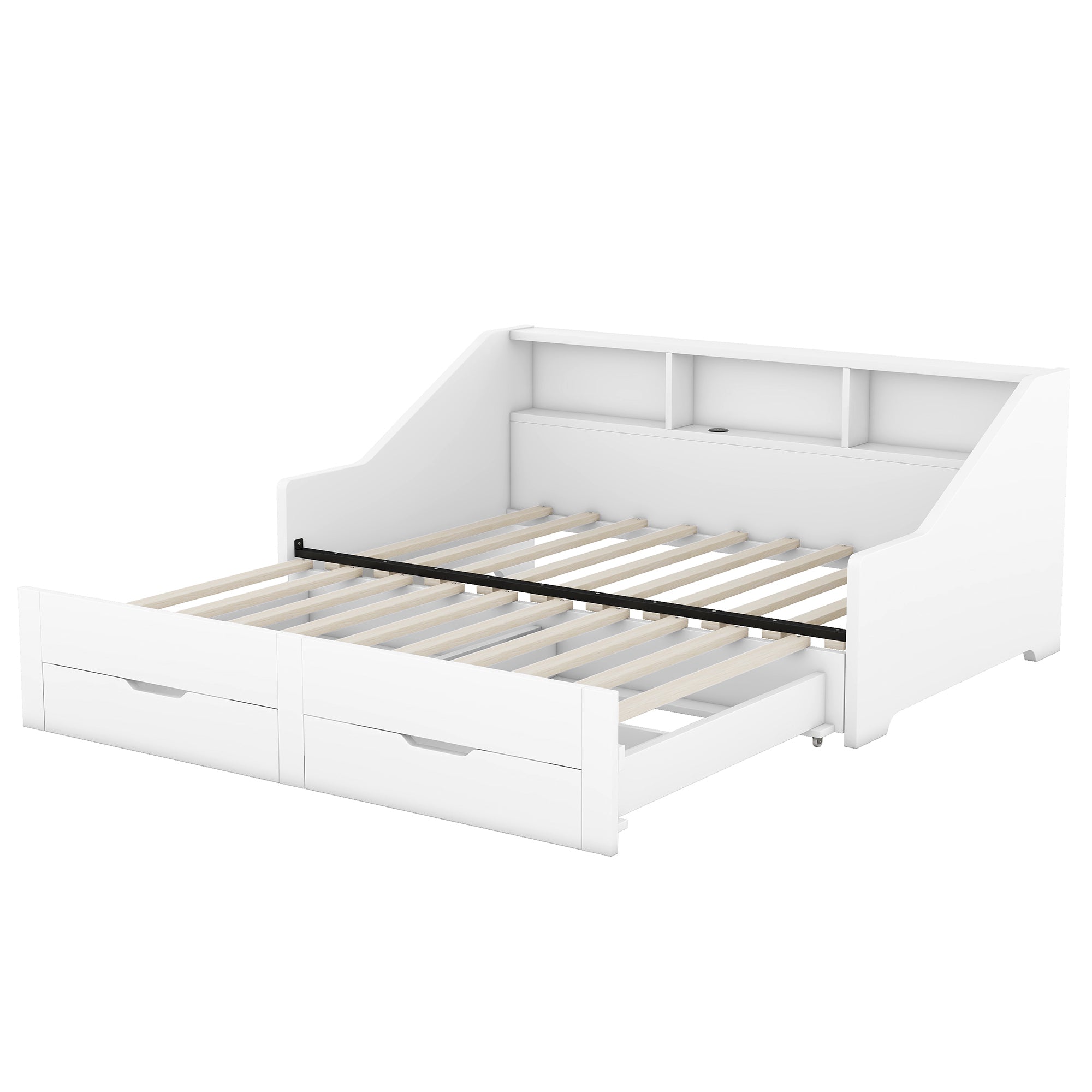 Twin to King Size Daybed Frame with Storage Bookcases and Two Drawers,Charging Design,White - Atlantic Fine Furniture Melbourne FL