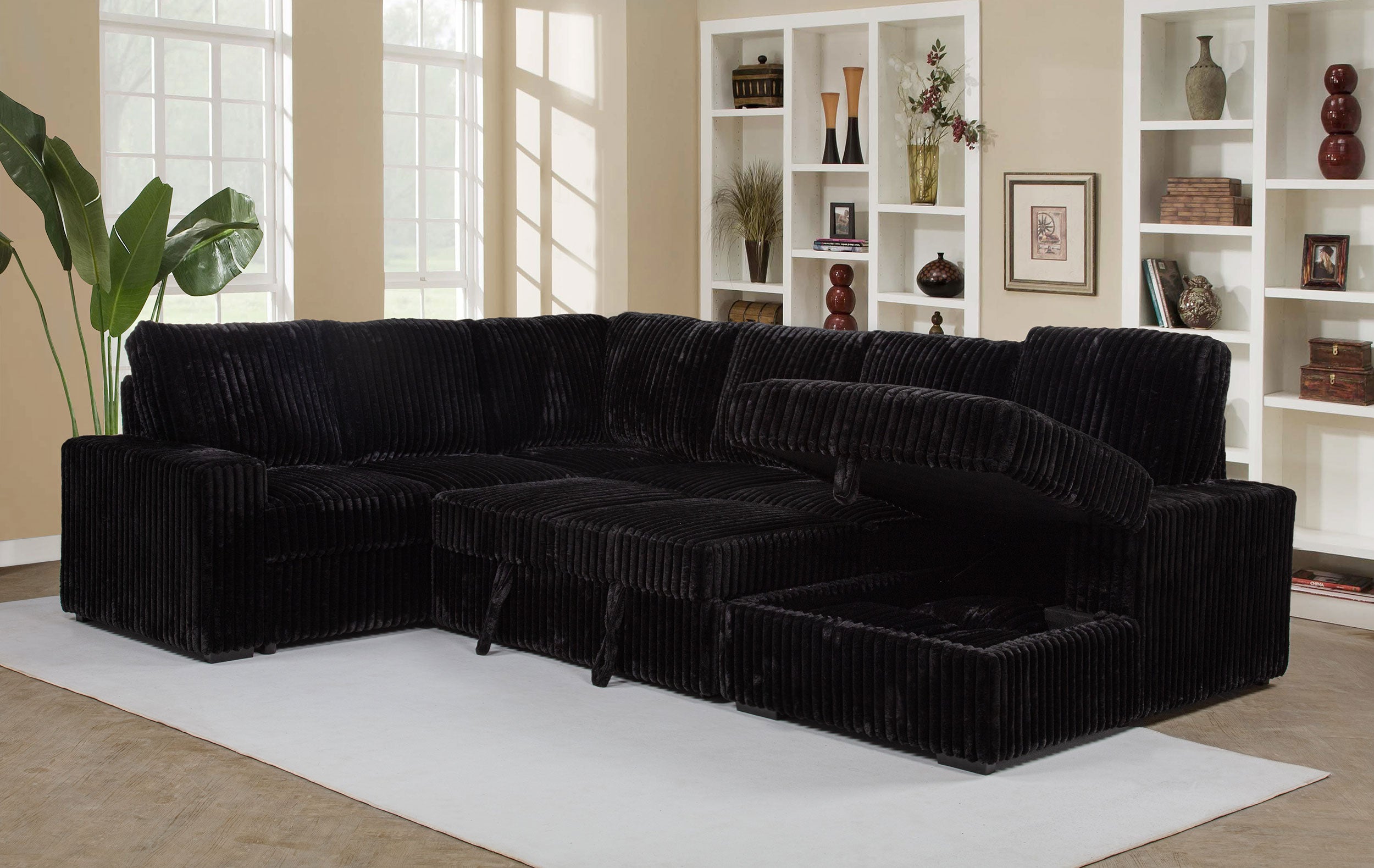 Devonshire Sleeper Sectional Sofa Storage Chaise Black — view 5