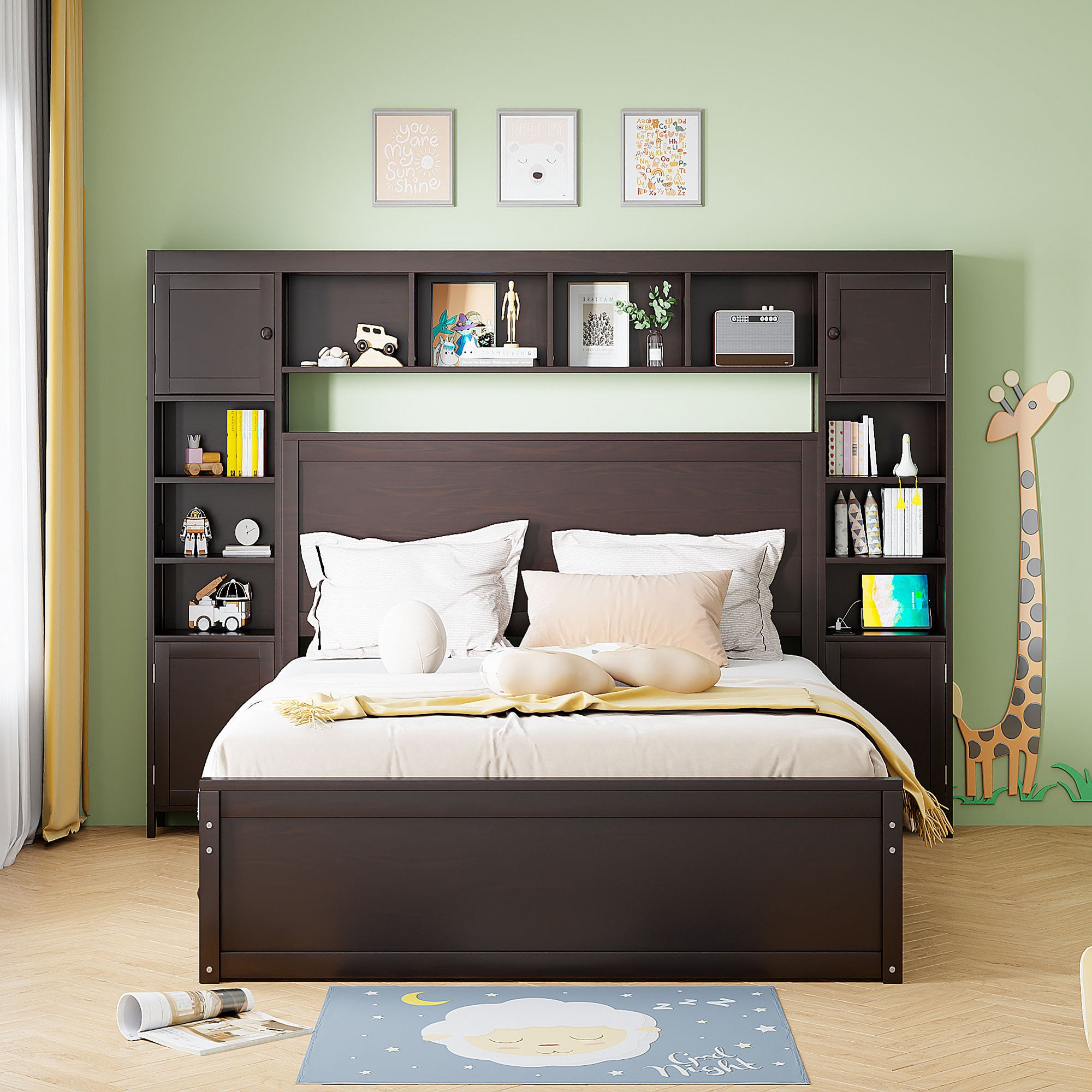Queen Size Wooden Bed With All-in-One Cabinet, Shelf and Sockets, Espresso - Atlantic Fine Furniture Melbourne FL