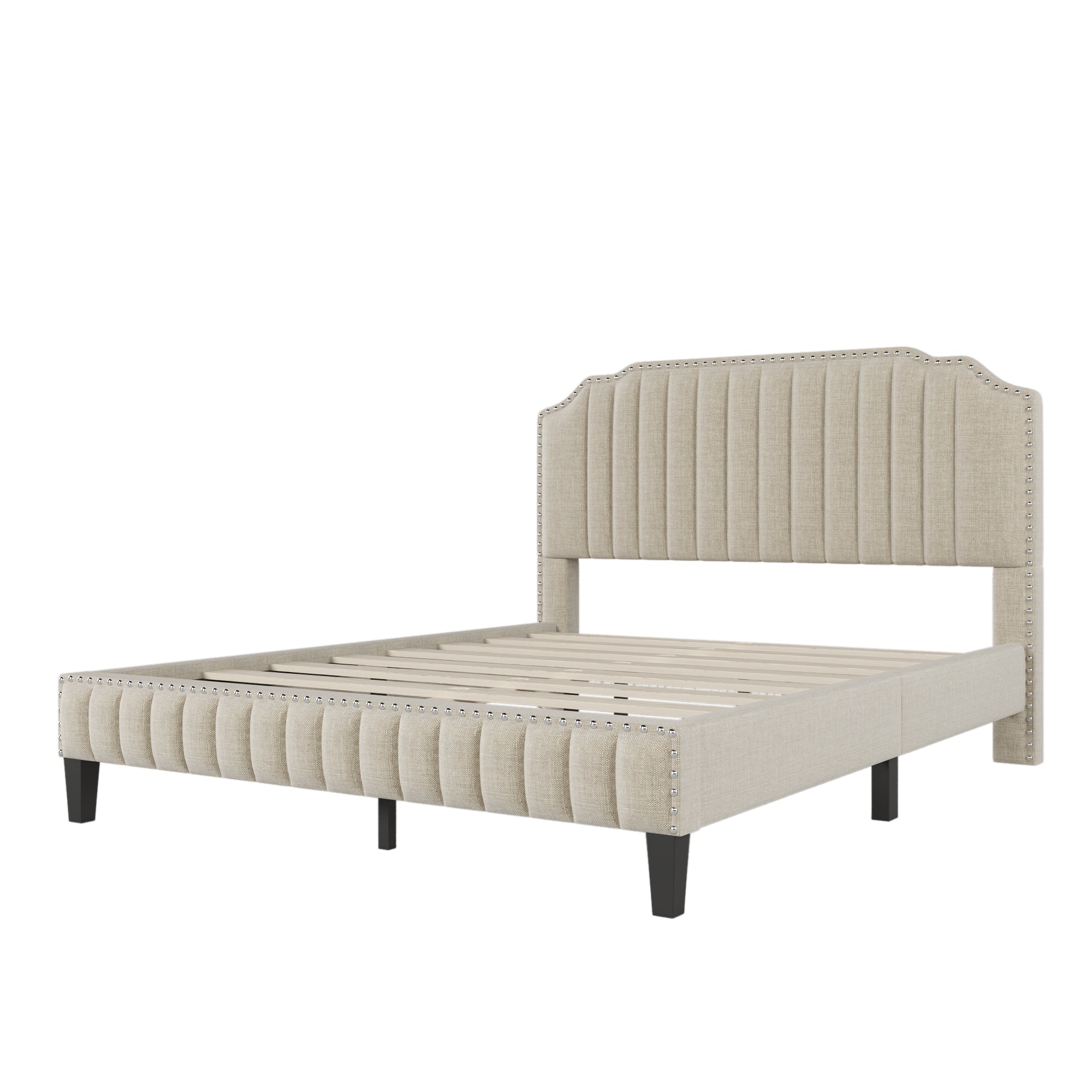 Modern Linen Curved Upholstered Platform Bed , Solid Wood Frame , Nailhead Trim, Beige (Queen) - Atlantic Fine Furniture Melbourne FL
