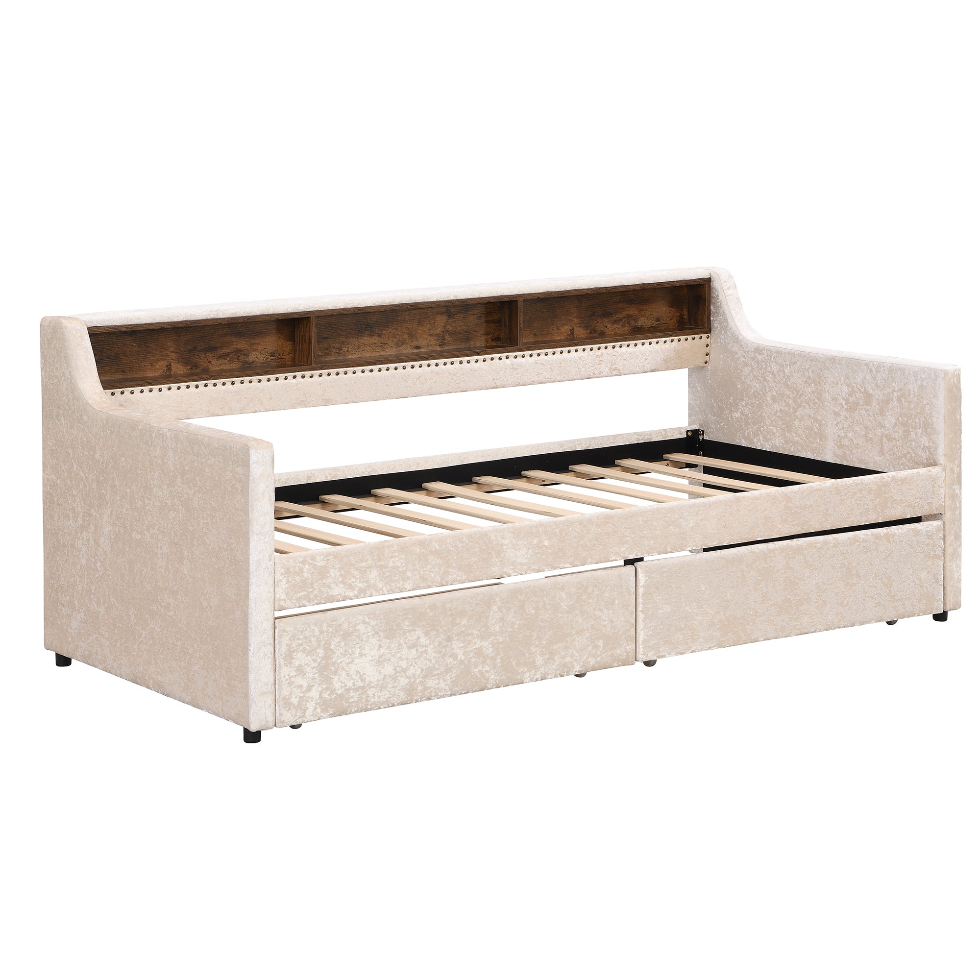 Twin Size Snowflake Velvet Daybed with Two Storage Drawers and Built-in Storage Shelves,Beige - Atlantic Fine Furniture Melbourne FL