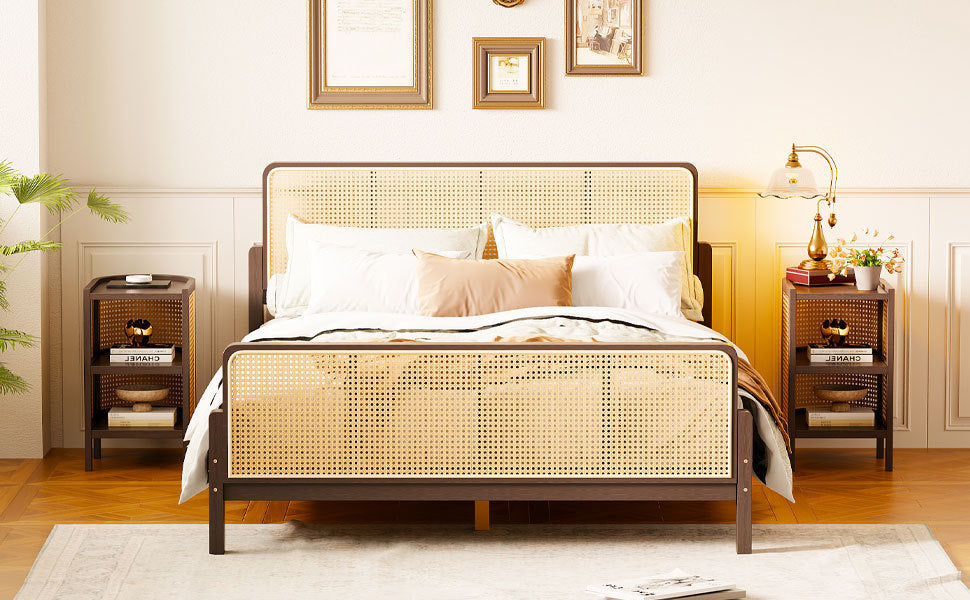3 Pieces Rattan Platform Full Size Bed With 2 Nightstands,Walnut - Atlantic Fine Furniture Melbourne FL