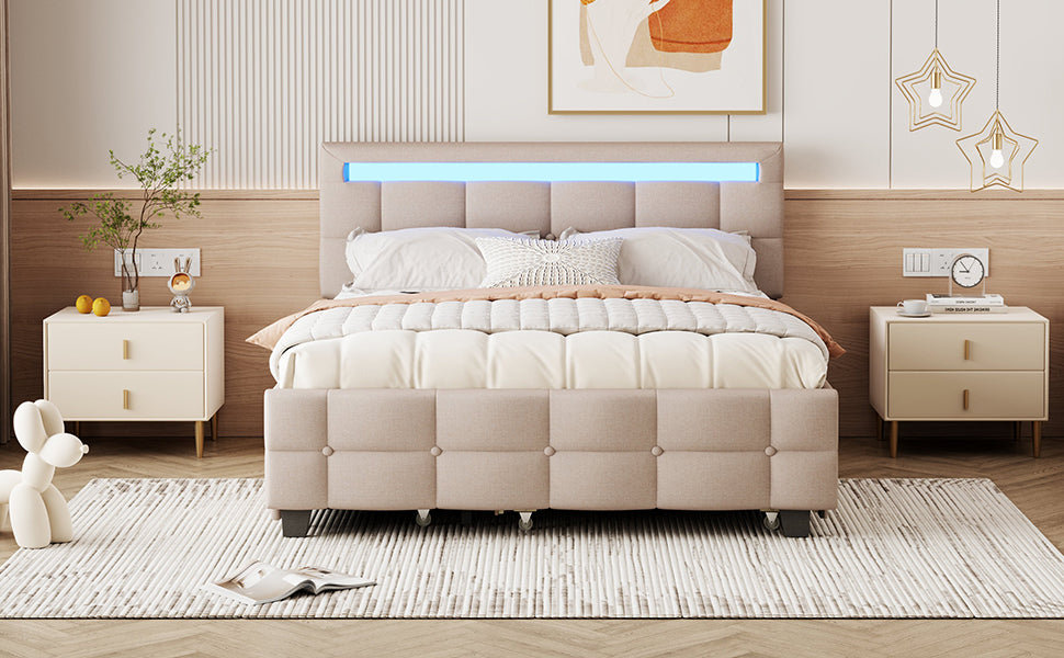 Queen Size Upholstered Platform Bed with LED Frame, with Twin XL Size Trundle and 2 drawers, Linen Fabric, Beige - Atlantic Fine Furniture Melbourne FL