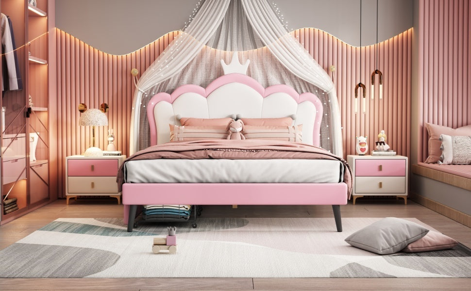 Full Size Princess Bed With Crown Headboard and 2 Drawers, Full size Platform Bed with Headboard and Footboard,White+Pink