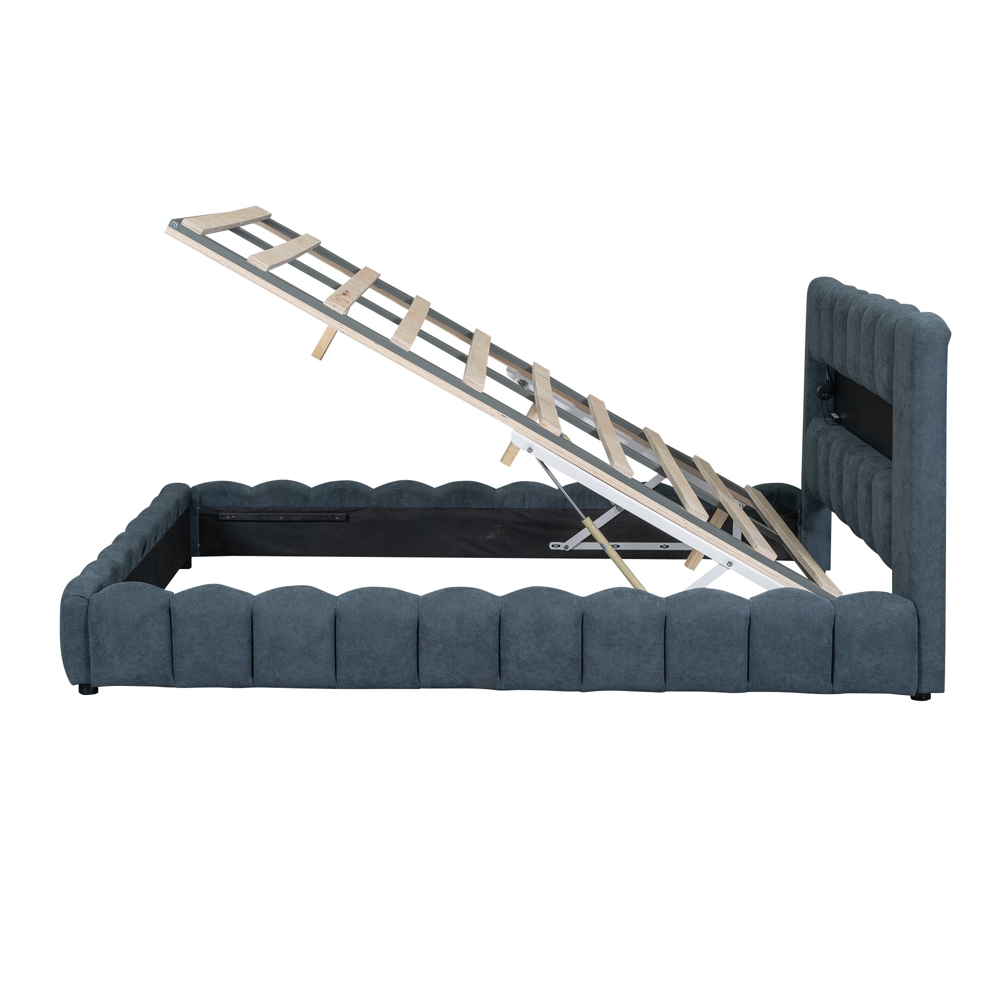 Queen Size Upholstered Platform Bed with LED Headboard and USB, Deep Blue - Atlantic Fine Furniture Melbourne FL