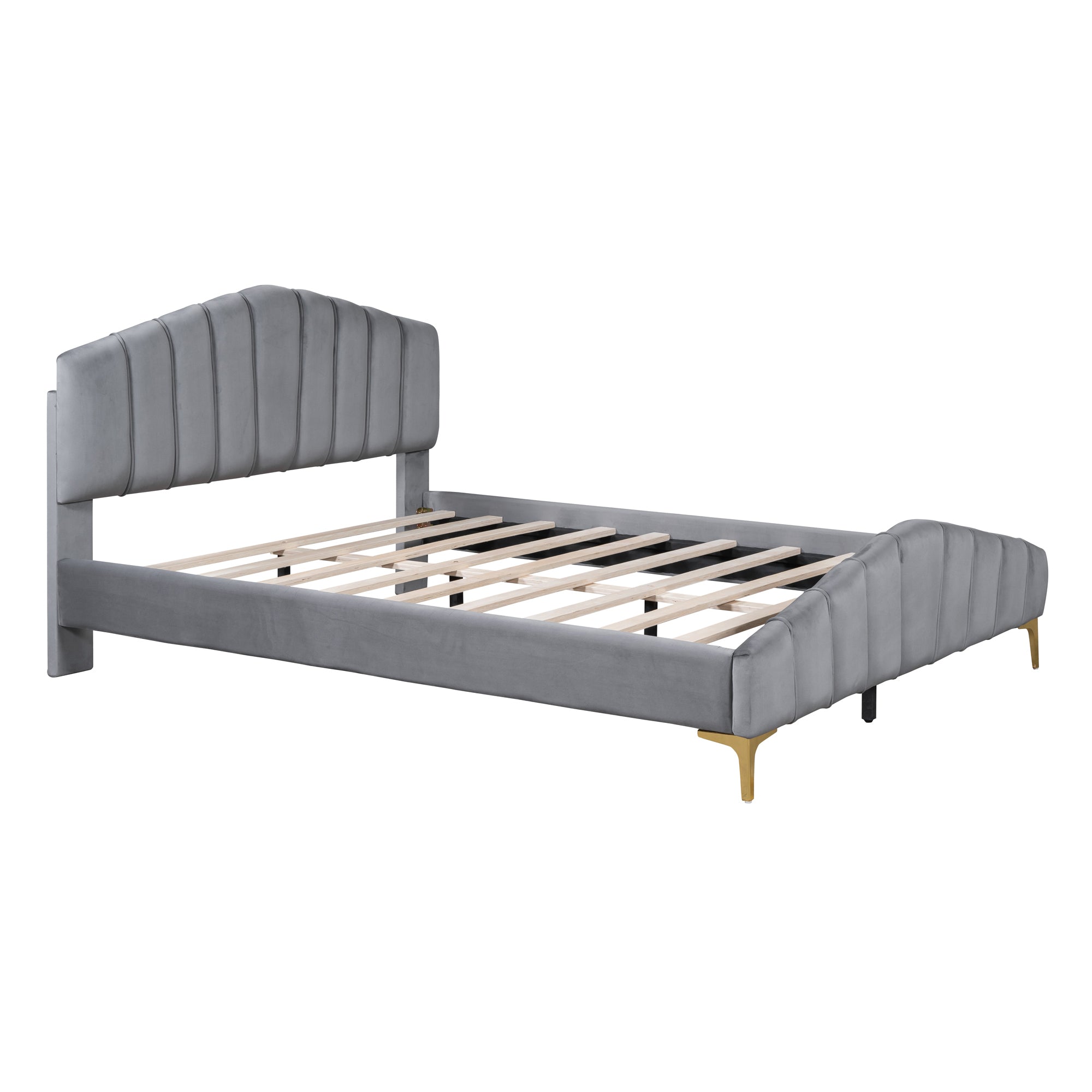 Queen Size Velvet Platform Bed with Thick Fabric, Stylish Stripe Decorated Bedboard and Elegant Metal Bed Leg, Gray - Atlantic Fine Furniture Melbourne FL