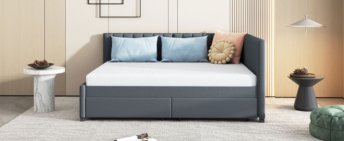 Full Size Upholstered Daybed with 2 Storage Drawers Sofa Bed Frame No Box Spring Needed, Linen Fabric (Gray) - Atlantic Fine Furniture Melbourne FL