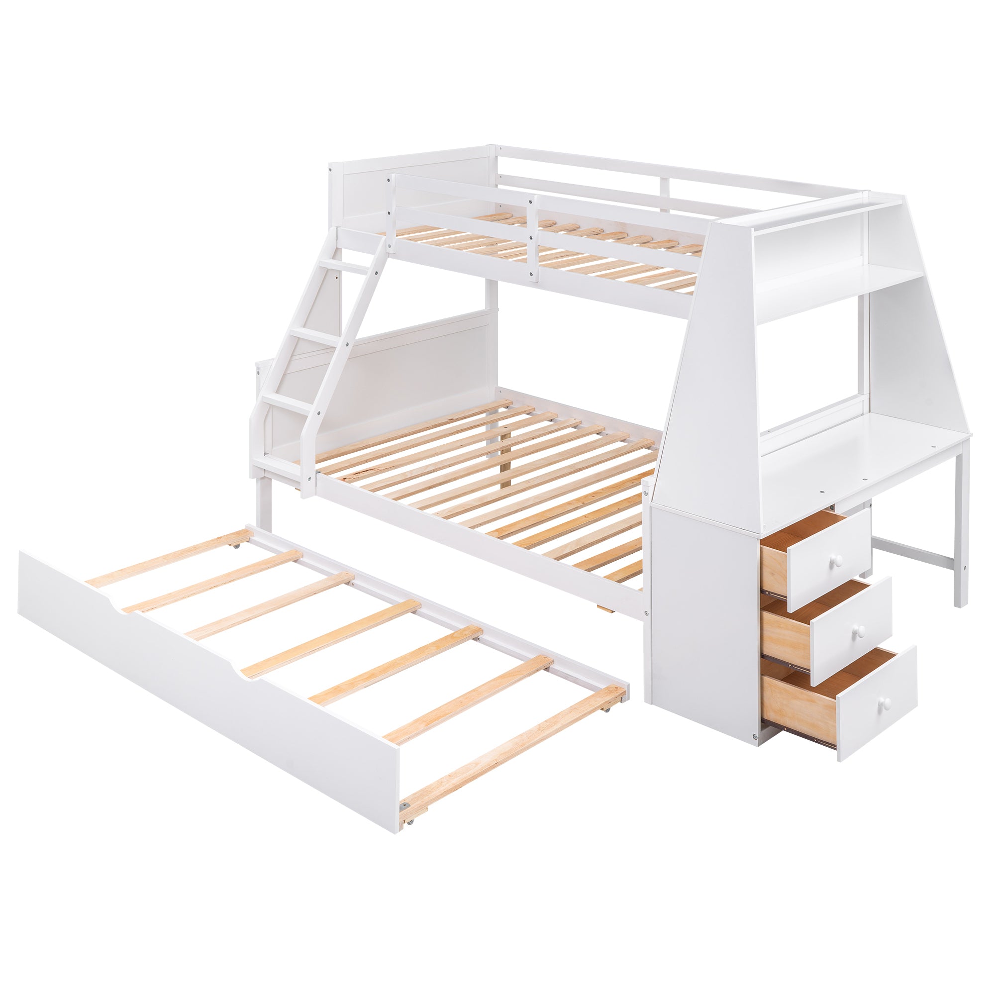 Twin over Full Bunk Bed with Trundle and Built-in Desk, Three Storage Drawers and Shelf,White
