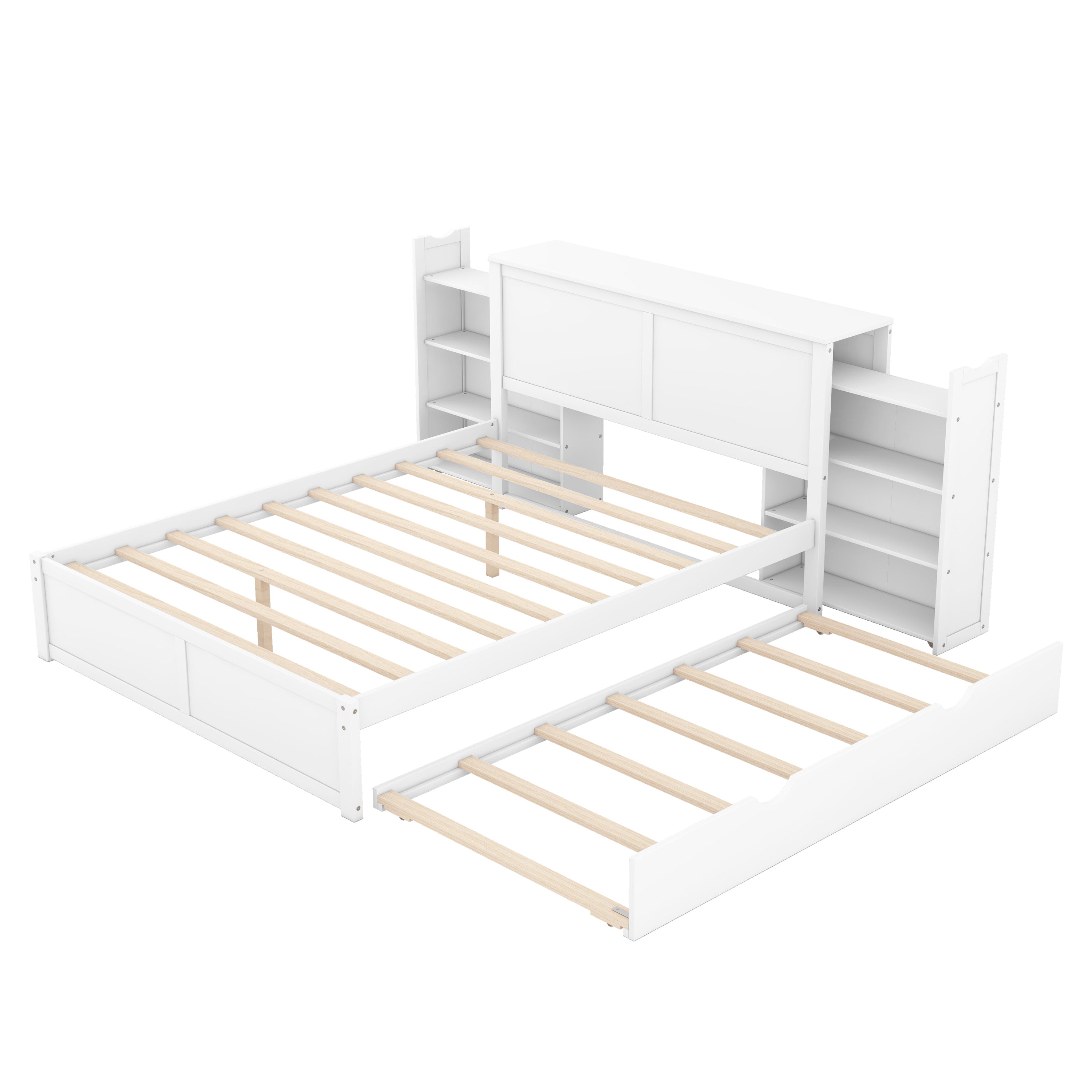 Queen Size Storage Platform Bed with Pull Out Shelves and Twin XL Size Trundle, White