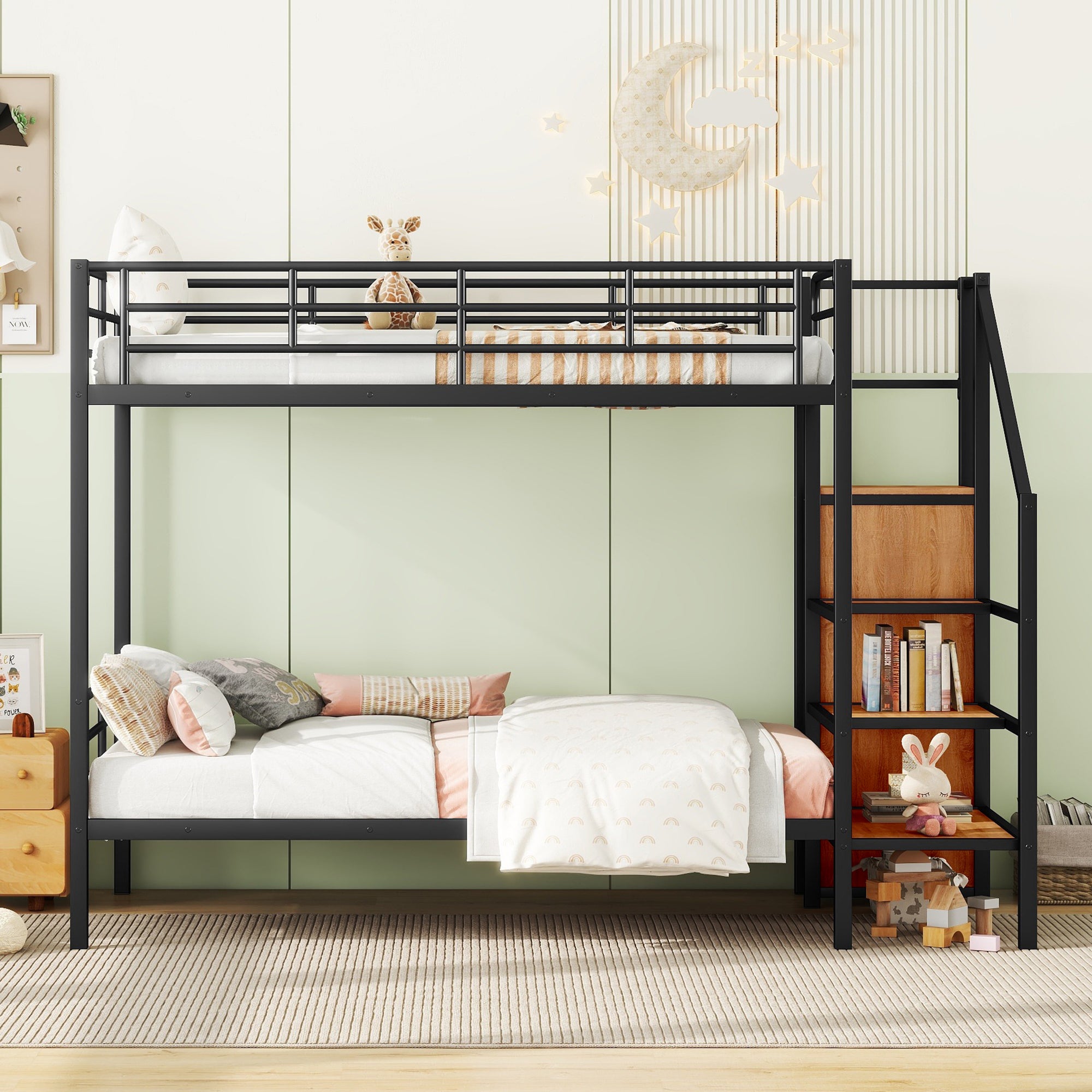 Twin Over Twin Metal Bunk Bed with Lateral Storage Ladder and Wardrobe, Black - Atlantic Fine Furniture Melbourne FL