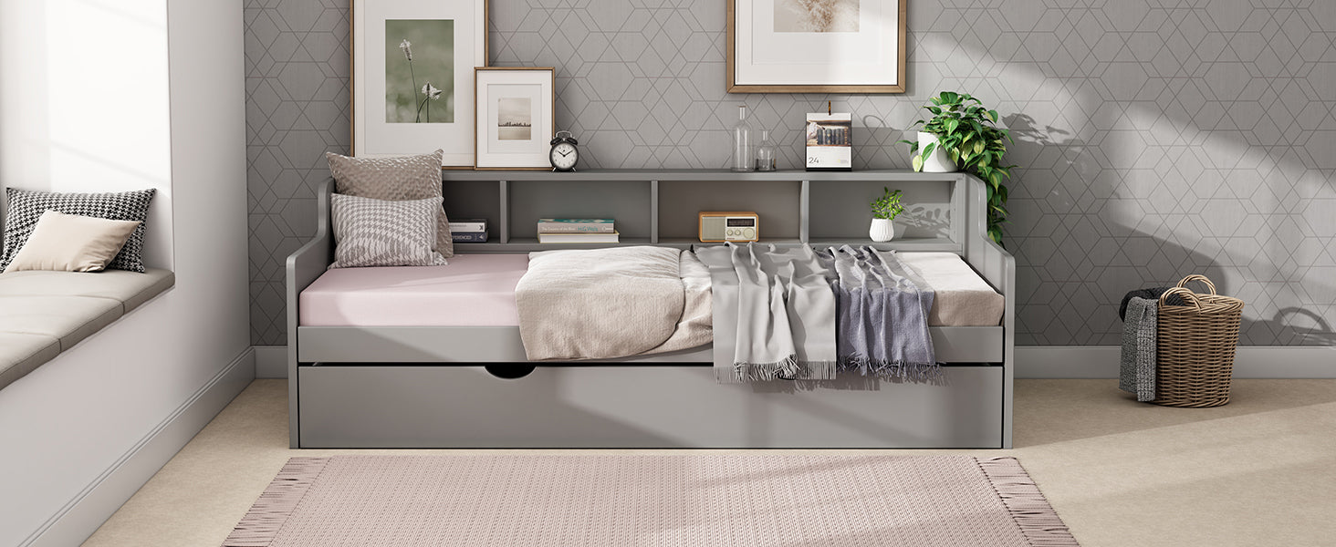 Twin Size Wooden Day Bed with Trundle for Guest Room, Small Bedroom, Study Room, Gray - Atlantic Fine Furniture Melbourne FL
