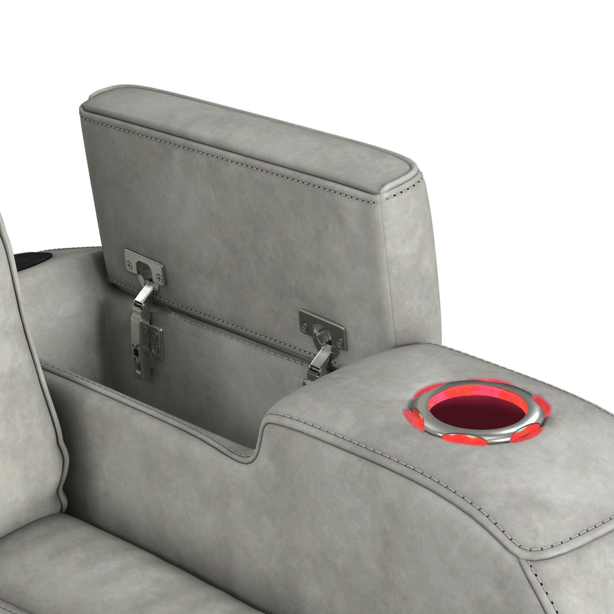 Prime Time P3 Sofa With Ddt, 3.0 Table, 7 Colors (Led And Cup Holders), Reading Light, Vibration, Speaker, And Heat Massage in Leather Gel Light Gray by Elements International, view 9