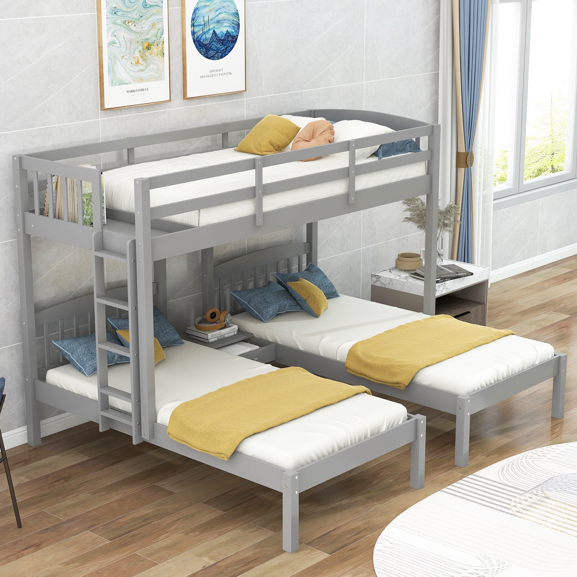 Twin over Twin & Twin Bunk Bed with Built-in Middle Drawer, Gray - Atlantic Fine Furniture Melbourne FL