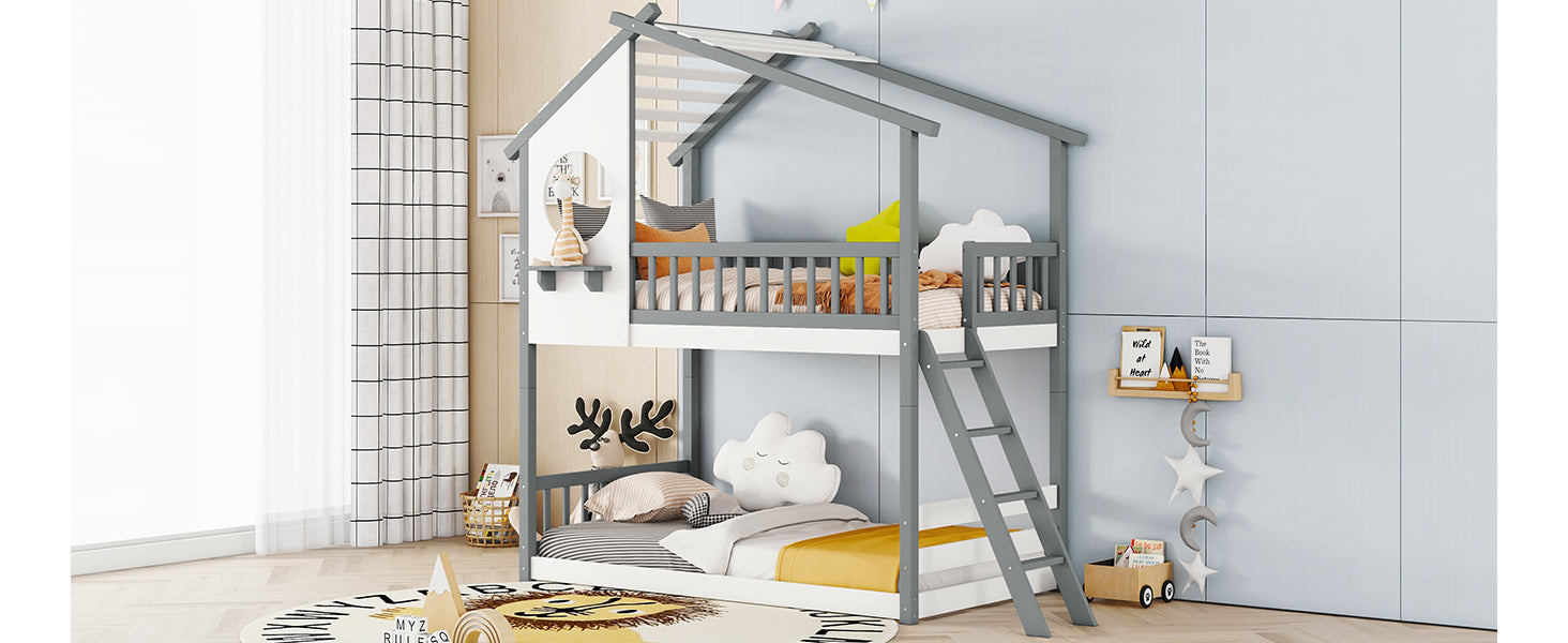 Twin Over Twin Bunk Bed Wood Bed with Roof, Window, Ladder,Gray(OLD SKU :LT100008AAE) - Atlantic Fine Furniture Melbourne FL