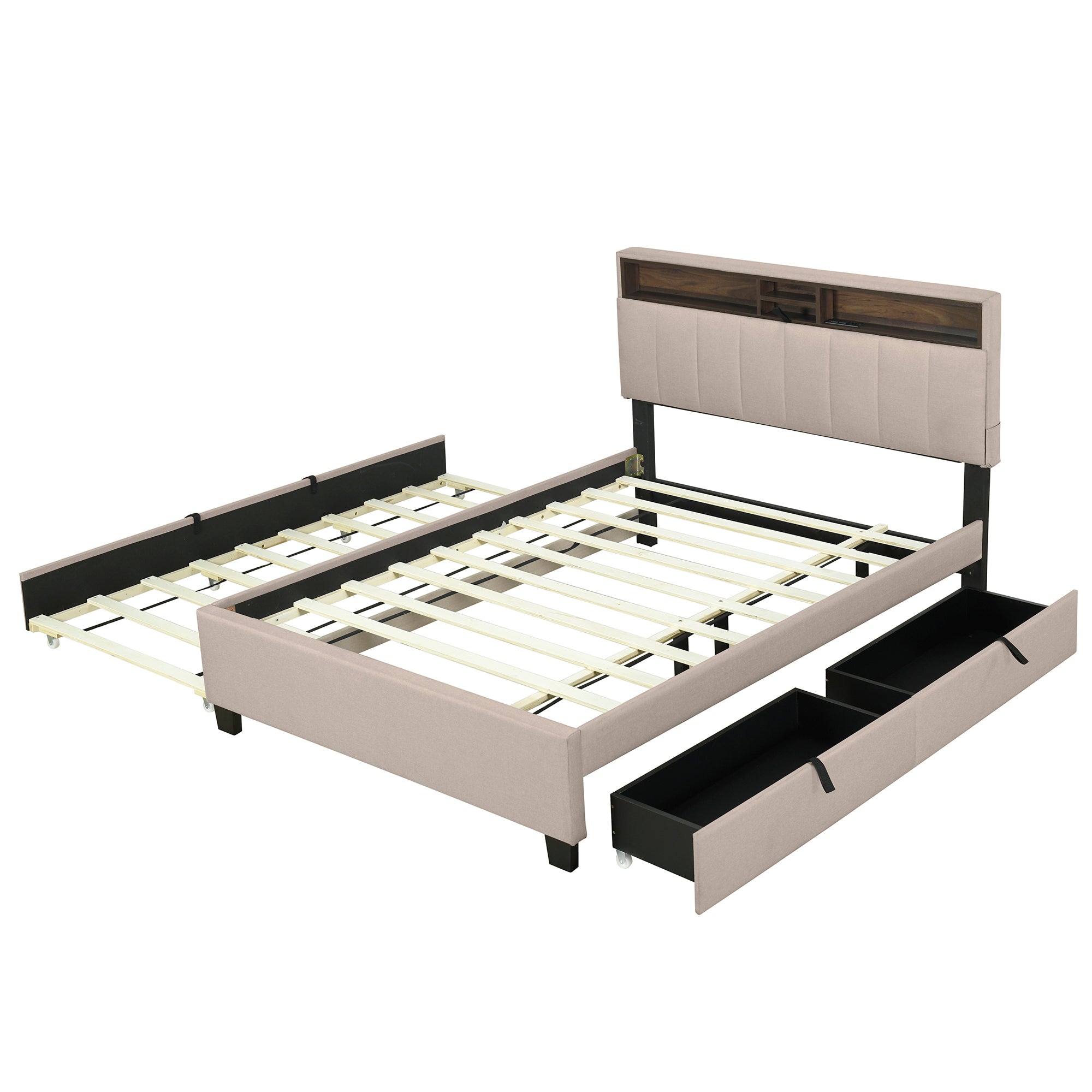Full size Upholstered Platform Bed with Storage Headboard, Twin Size Trundle & 2 drawers and a set of Sockets & USB Ports, Linen Fabric, Beige - Atlantic Fine Furniture Melbourne FL