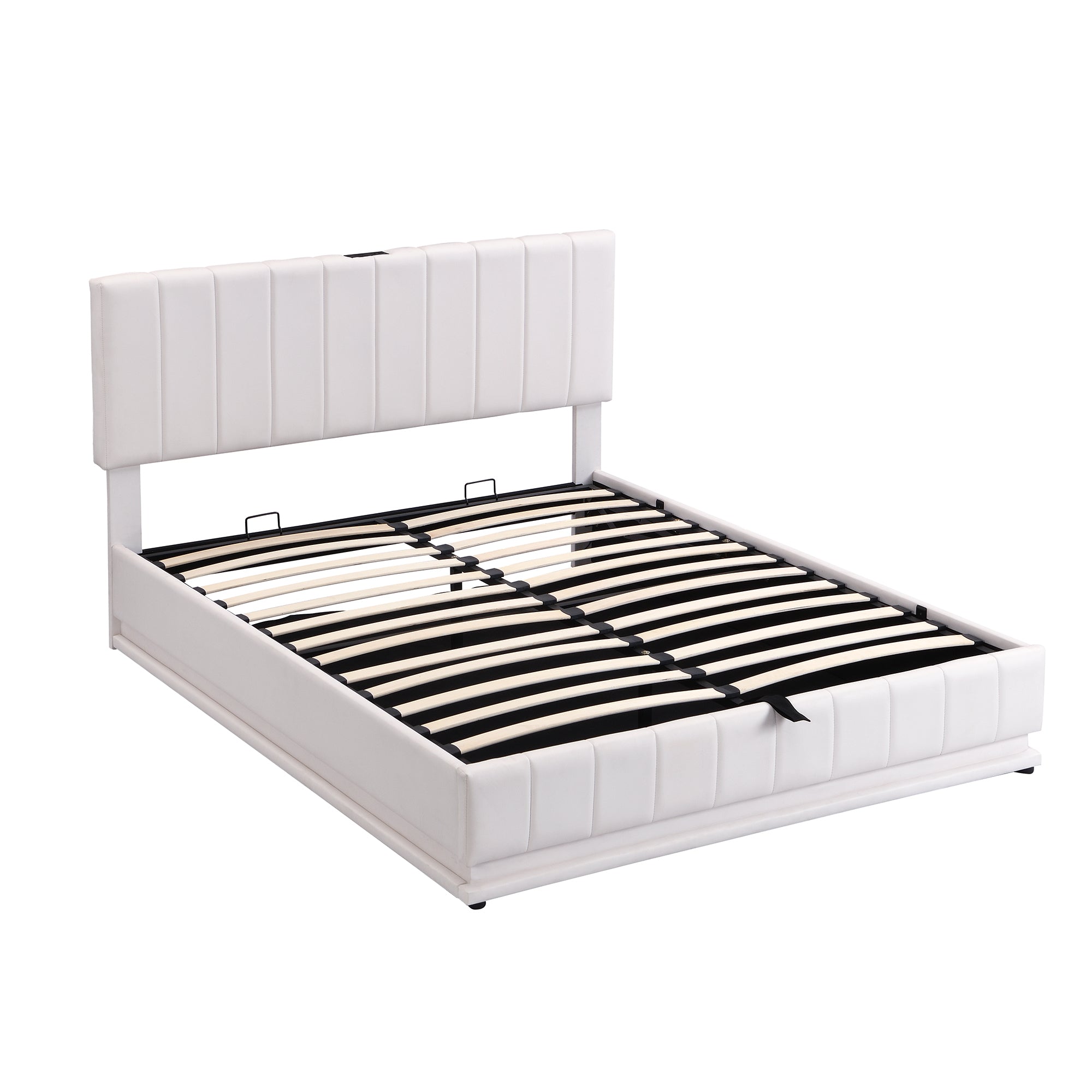 Queen Size Upholstered Bed with Hydraulic Storage System and LED Light, Modern Platform Bed with Sockets and USB Ports, White - Atlantic Fine Furniture Melbourne FL