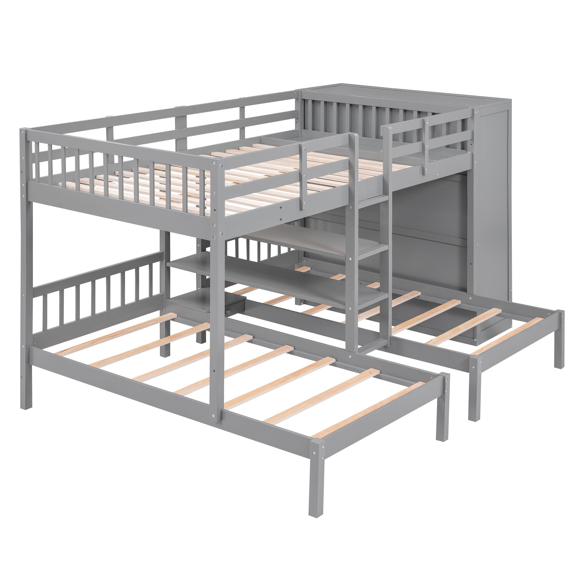 Full-Over-Twin-Twin Bunk Bed with Shelves, Wardrobe and Mirror, Gray - Atlantic Fine Furniture Melbourne FL