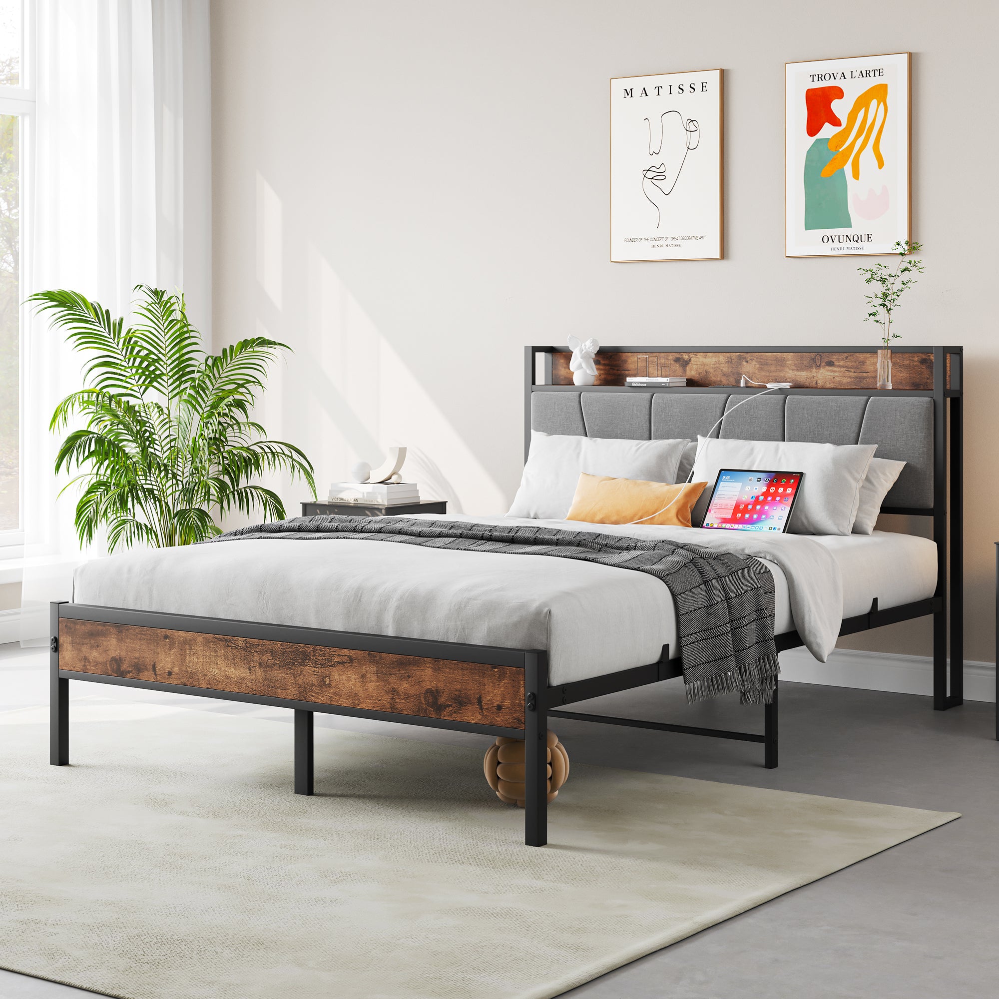 Full Size Bed Frame, Storage Headboard with Charging Station, Solid and Stable, Noise Free, No Box Spring Needed, Easy Assembly,Vintage Brown and Gray - Atlantic Fine Furniture Melbourne FL