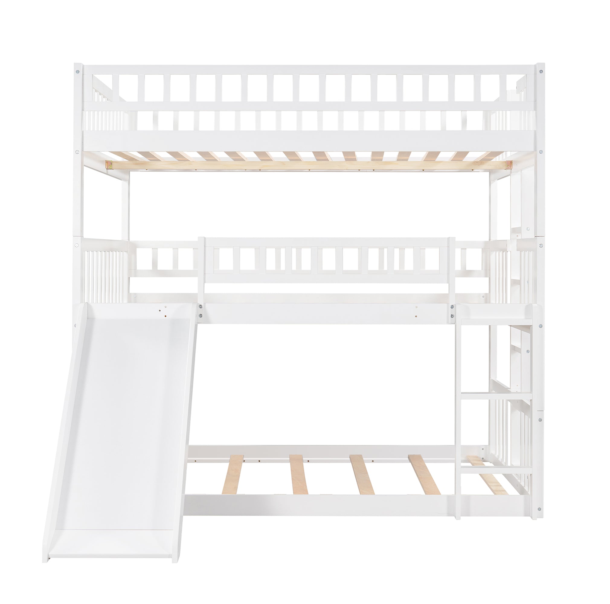 Full-Over-Full-Over-Full Triple Bed with Built-in Ladder and Slide , Triple Bunk Bed with Guardrails, White(OLD SKU :LP000052AAK)