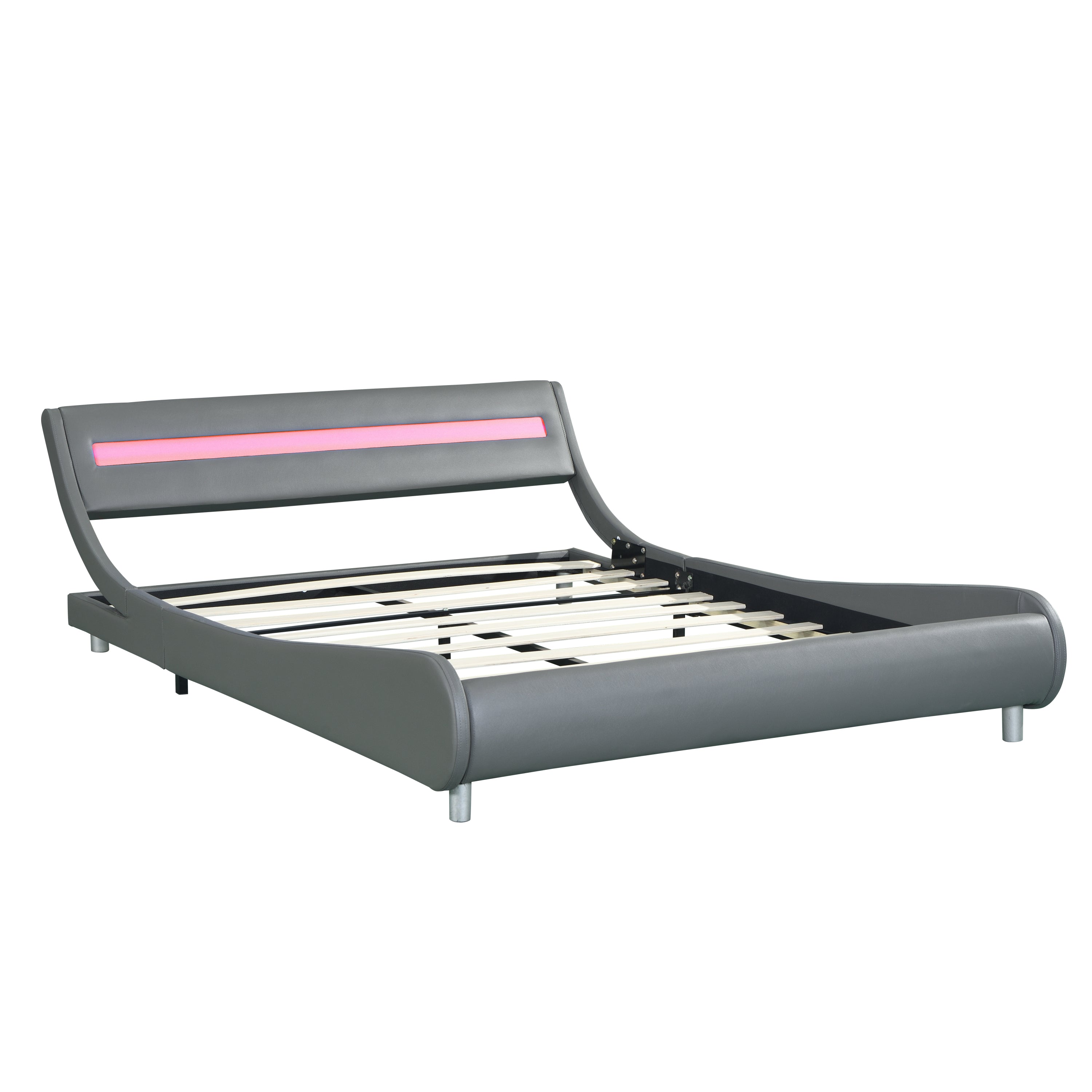 Faux Leather Upholstered Platform Bed Frame with led lighting , Curve Design, Wood Slat Support, No Box Spring Needed, Easy Assemble, Queen Size, Gray - Atlantic Fine Furniture Melbourne FL
