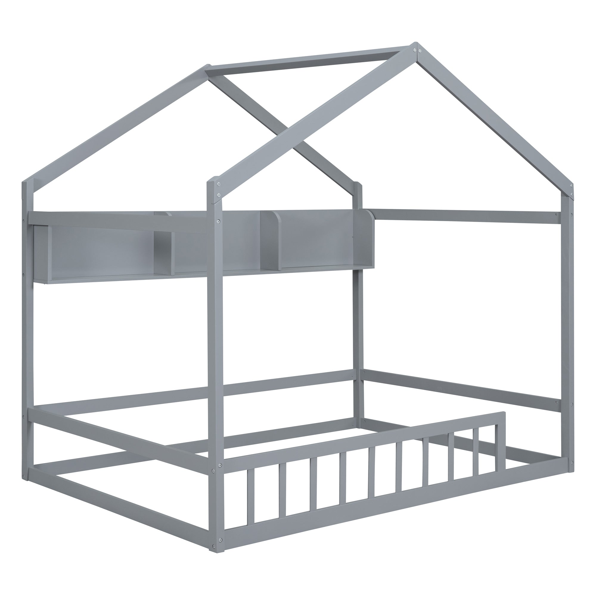 Wooden Full Size House Bed with Storage Shelf,Kids Bed with Fence and Roof, Gray - Atlantic Fine Furniture Melbourne FL