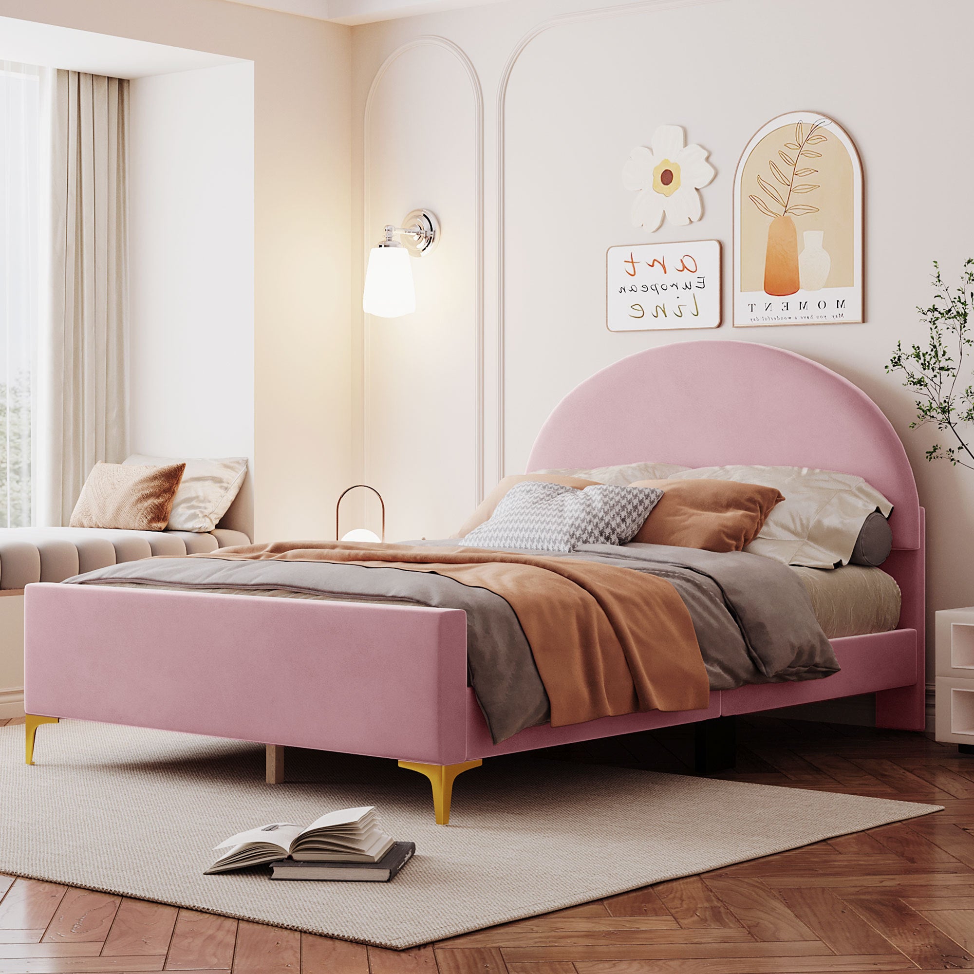 Full Size Upholstered Platform Bed with Classic Semi-circle Shaped headboard and Mental Legs, Velvet, Pink - Atlantic Fine Furniture Melbourne FL