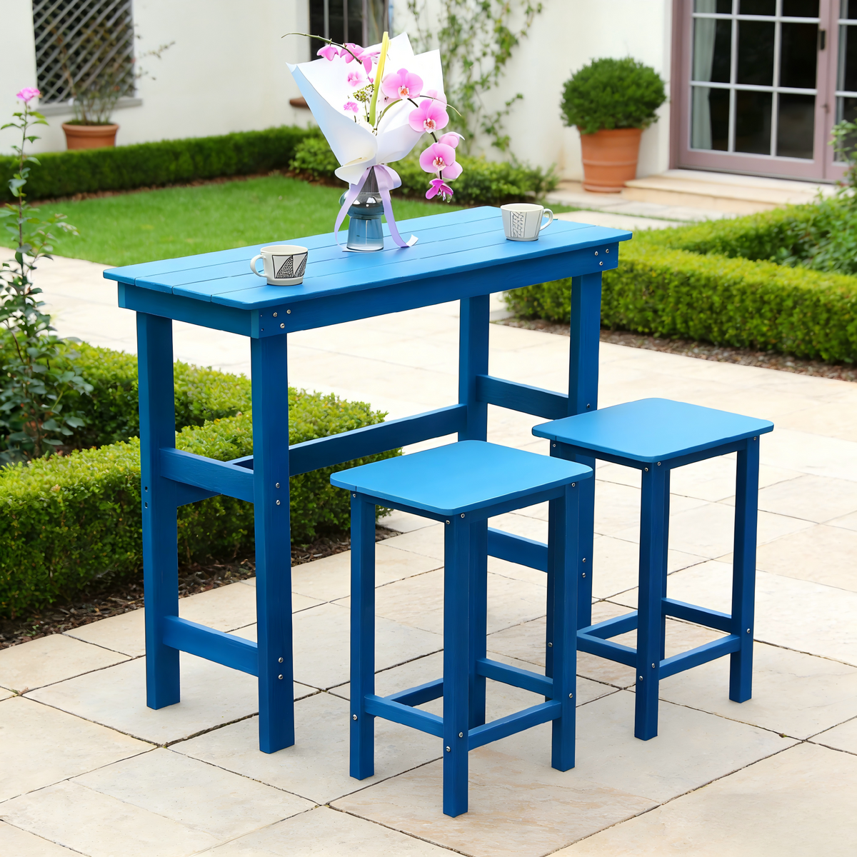 Patio Life Adirondack Outdoor Bar Table with 2 Bar Stools - Lake Blue