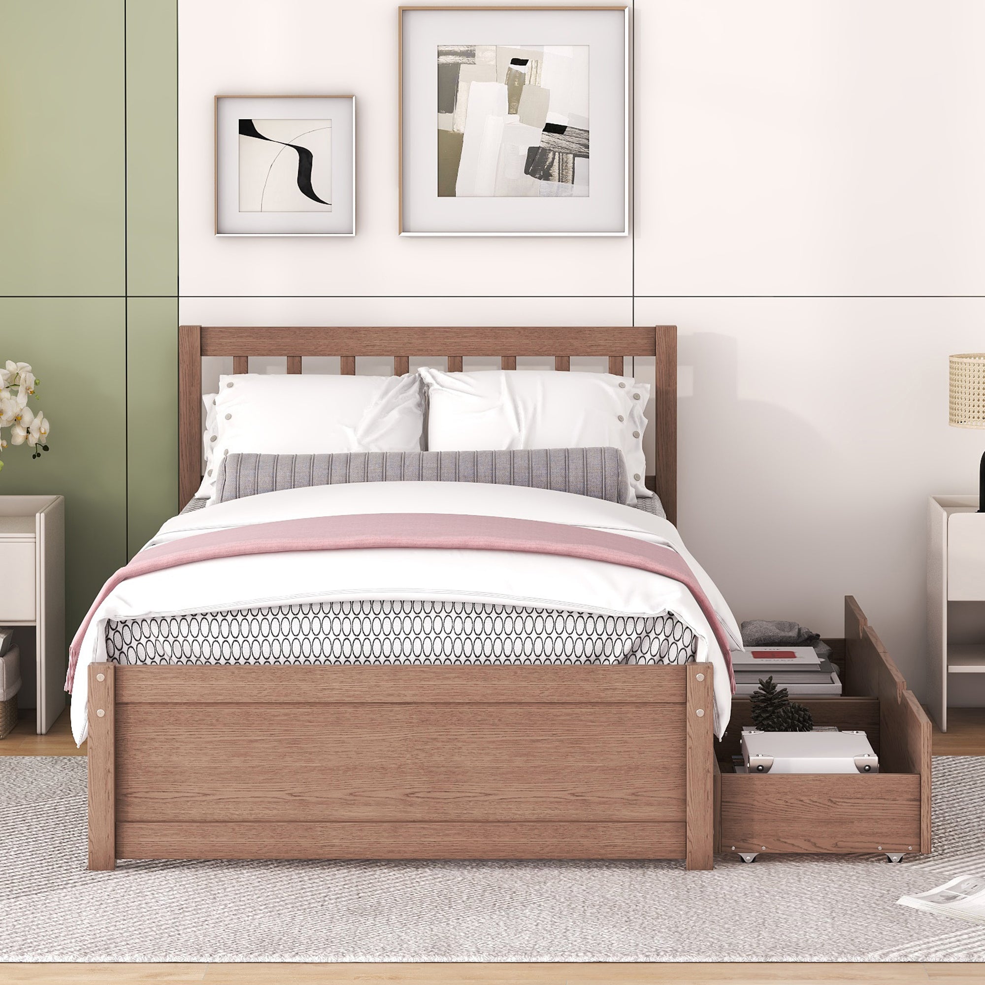 Modern Design Twin Size Platform Bed with 2 Drawers for Walnut Color - Atlantic Fine Furniture Melbourne FL
