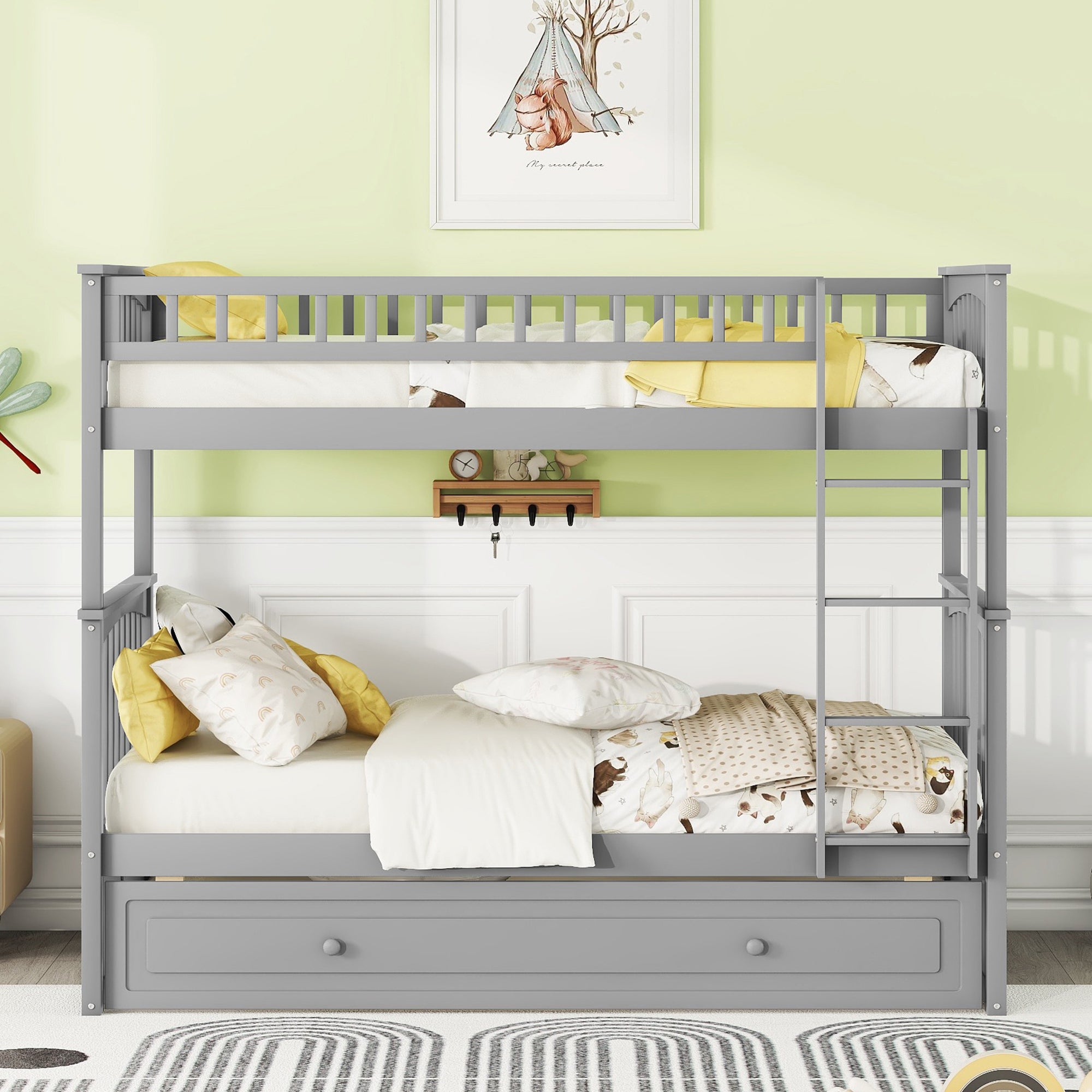 Twin over Twin Bunk Bed with Twin Size Trundle, Convertible Beds, Gray - Atlantic Fine Furniture Melbourne FL