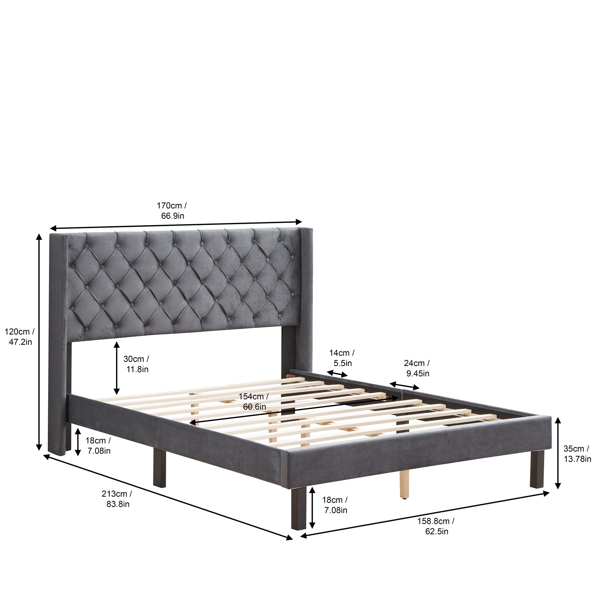 Velvet Button Tufted-Upholstered Bed with Wings Design - Strong Wood Slat Support - Easy Assembly - Gray, Queen, platform bed - Atlantic Fine Furniture Melbourne FL