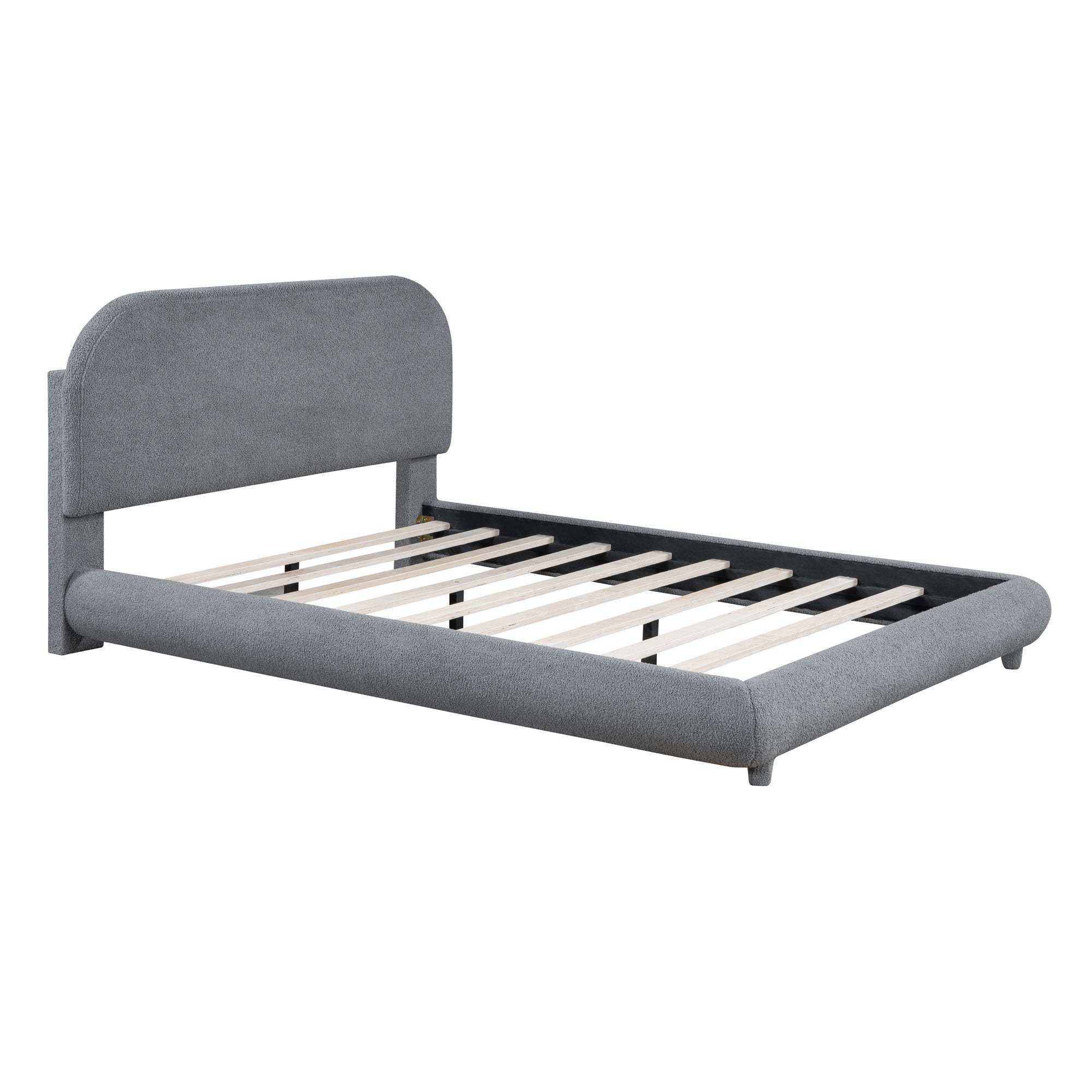 Teddy Fleece Full Size Upholstered Platform Bed with Thick Fabric, Solid Frame and Stylish Curve-shaped Design, Gray - Atlantic Fine Furniture Melbourne FL