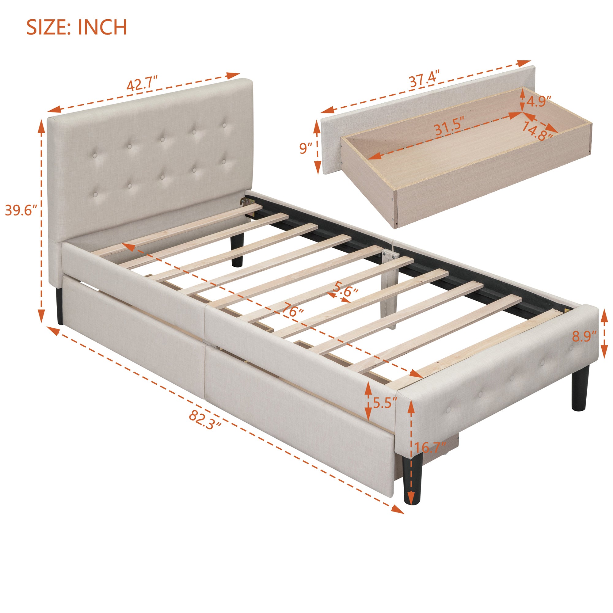 Twin Size Upholstered Platform Bed with 2 Drawers, Beige - Atlantic Fine Furniture Melbourne FL