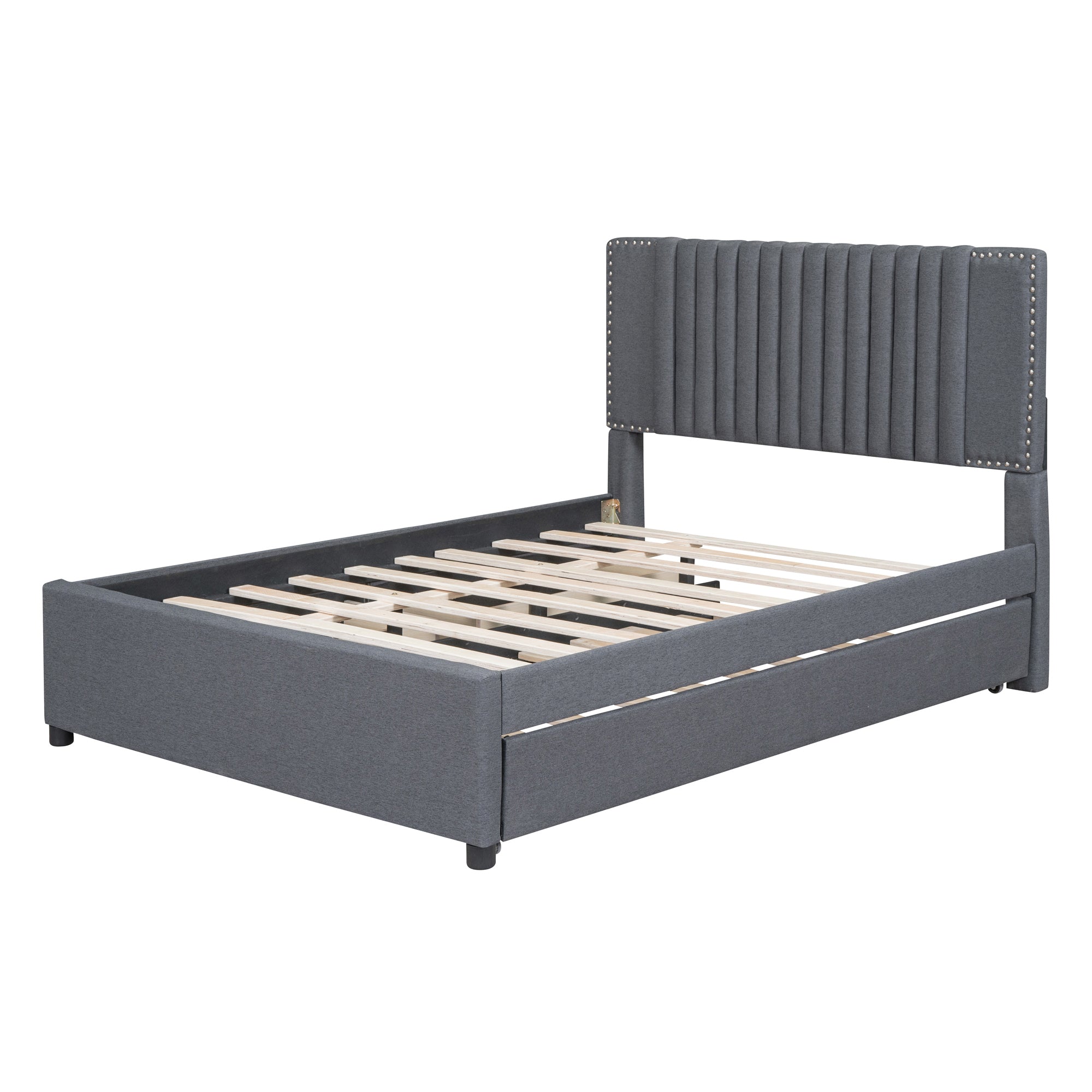 Full Size Upholstered Platform Bed with 2 Drawers and 1 Twin Size Trundle, Classic Headboard Design, Gray - Atlantic Fine Furniture Melbourne FL