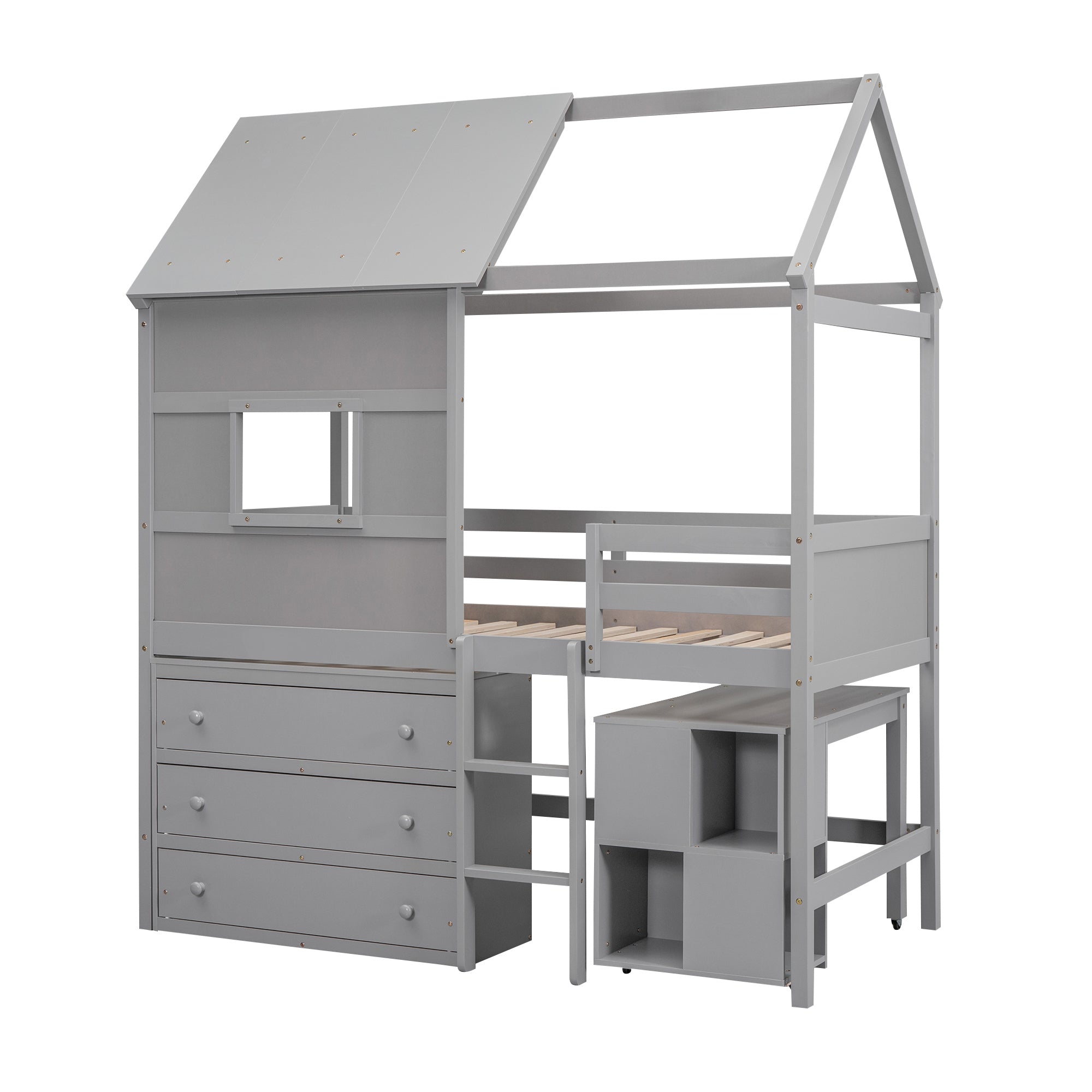 Twin Size House Loft Bed with Storage Desk and 3 Drawer Chest, Gray - Atlantic Fine Furniture Melbourne FL