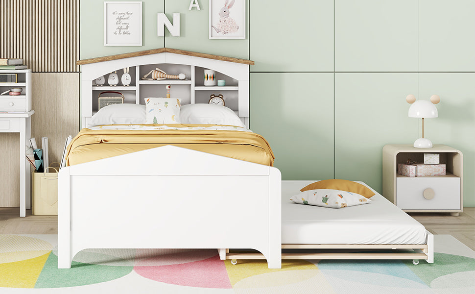 Twin Size Wood Platform Bed with House-shaped Storage Headboard and Trundle, White - Atlantic Fine Furniture Melbourne FL