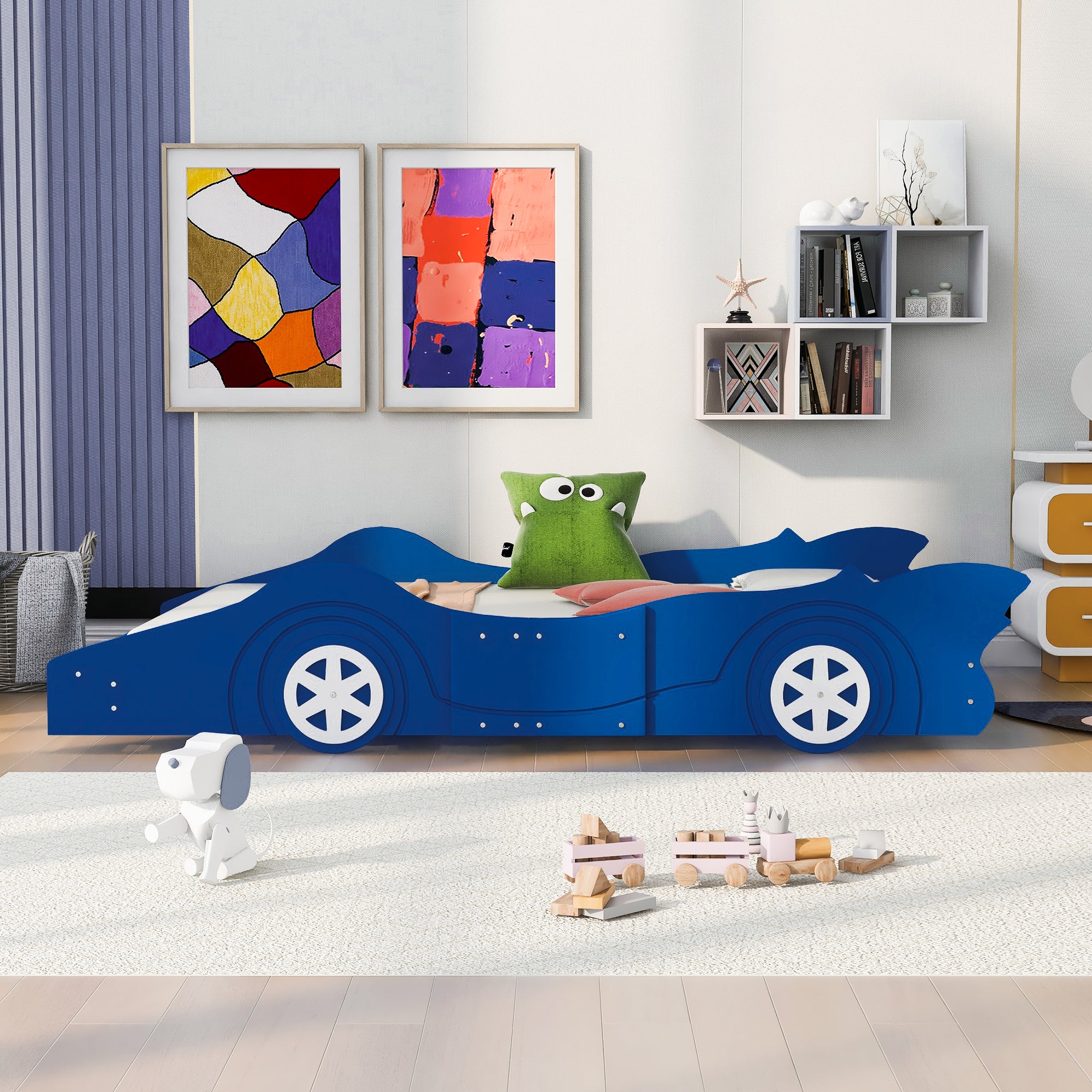 Full Size Race Car-Shaped Platform Bed with Wheels,Blue - Atlantic Fine Furniture Melbourne FL