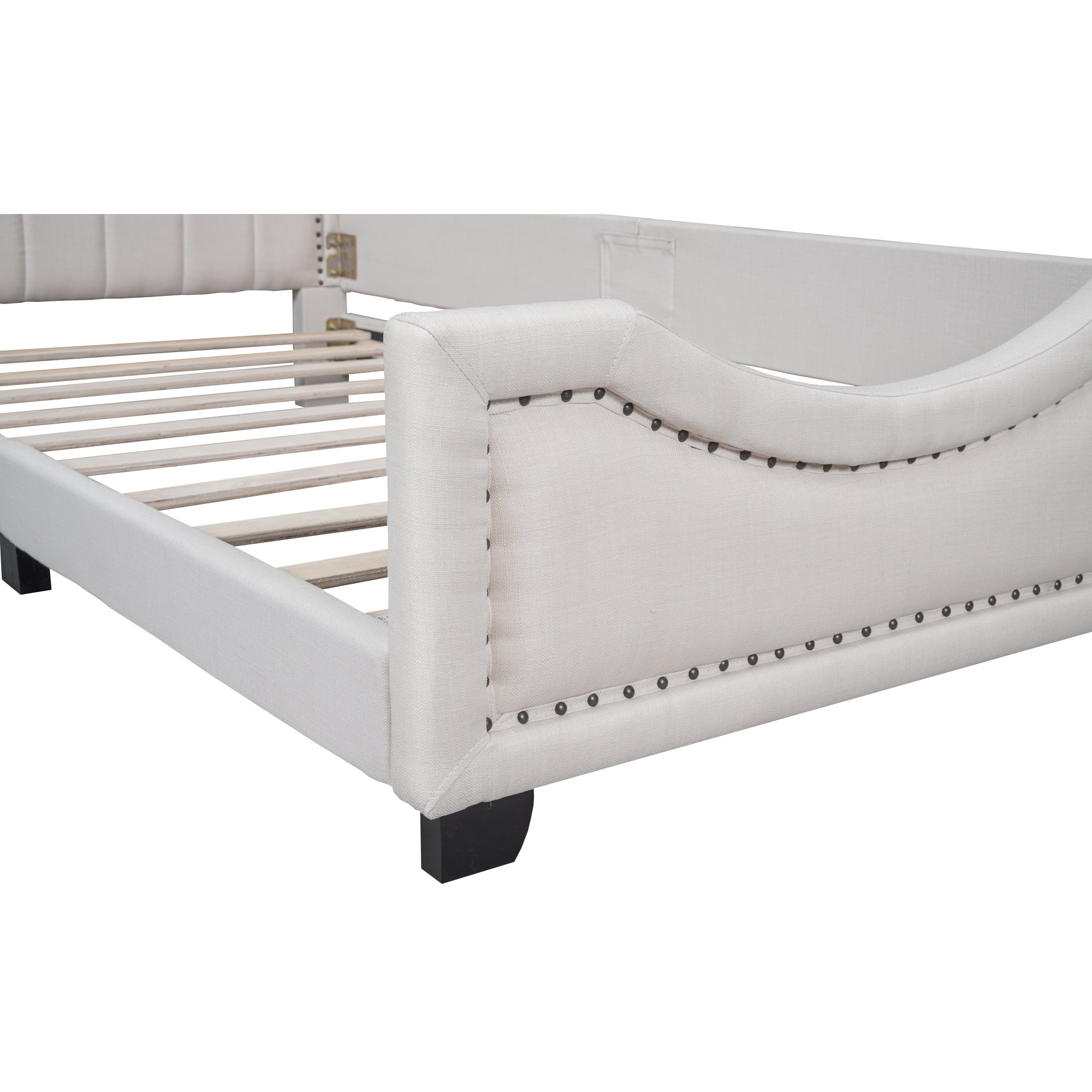 Twin Size Upholstered Platform Bed with Nailhead Trim Decoration and Guardrail, Beige - Atlantic Fine Furniture Melbourne FL