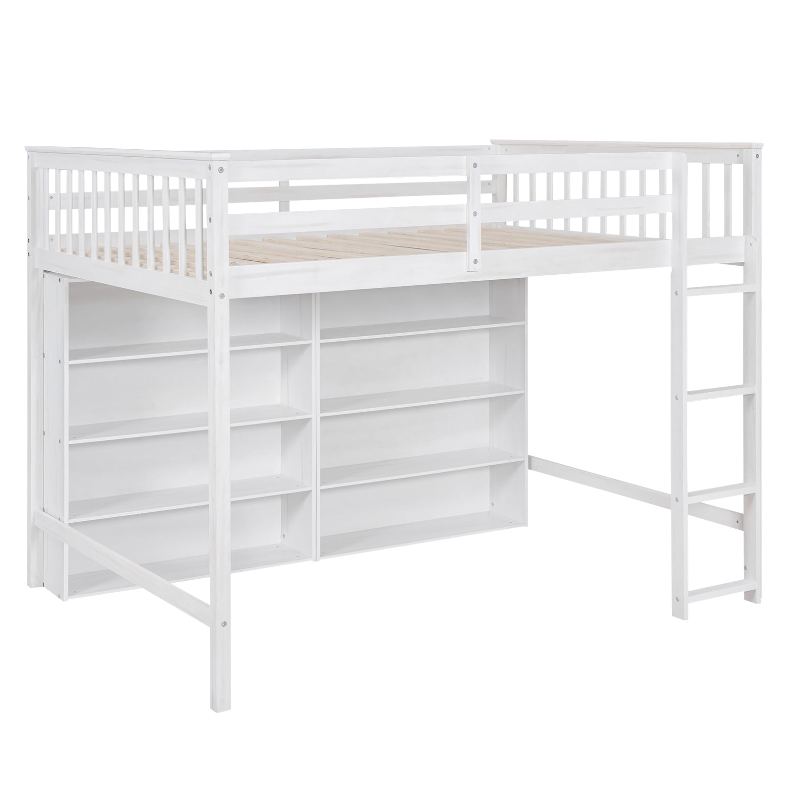 Full Size Loft Bed with 8 Open Storage Shelves and Built-in Ladder, White - Atlantic Fine Furniture Melbourne FL